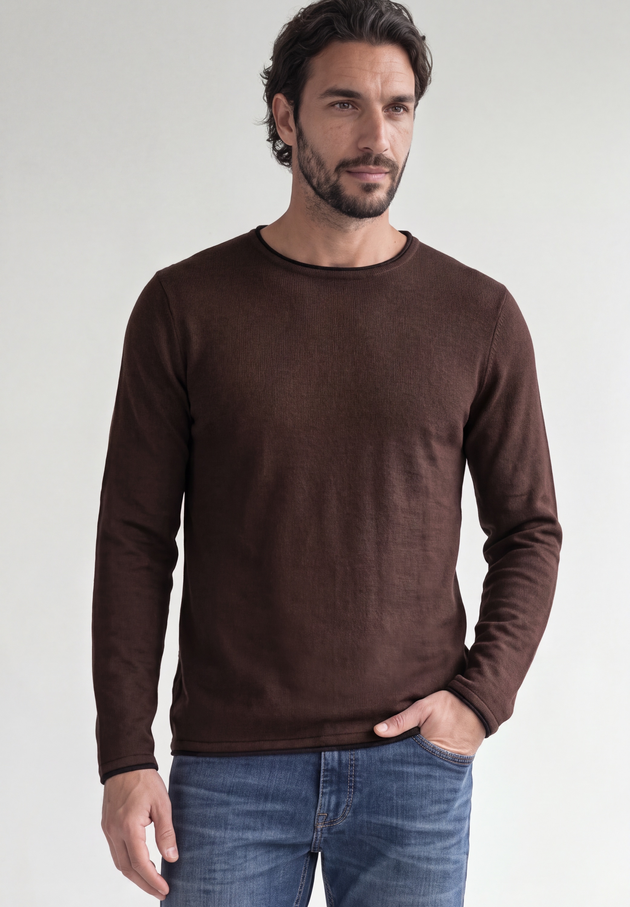 STREET ONE MEN Rundhalspullover aus reiner Baumwolle