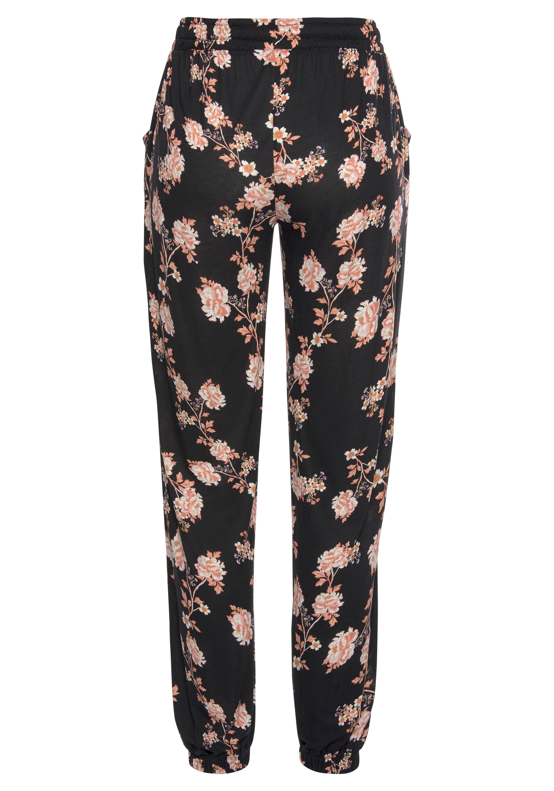 Strandhose LASCANA, Damen, Gr. 38, N-Gr, bunt (schwarz, orange, bedruckt), Jersey, Obermaterial: 100% Viskose, bedruckt, figurumspielend lang, Hosen Strandhose, mit floralem Alloverdruck und Taschen, elastisch, lockere Passform 3
