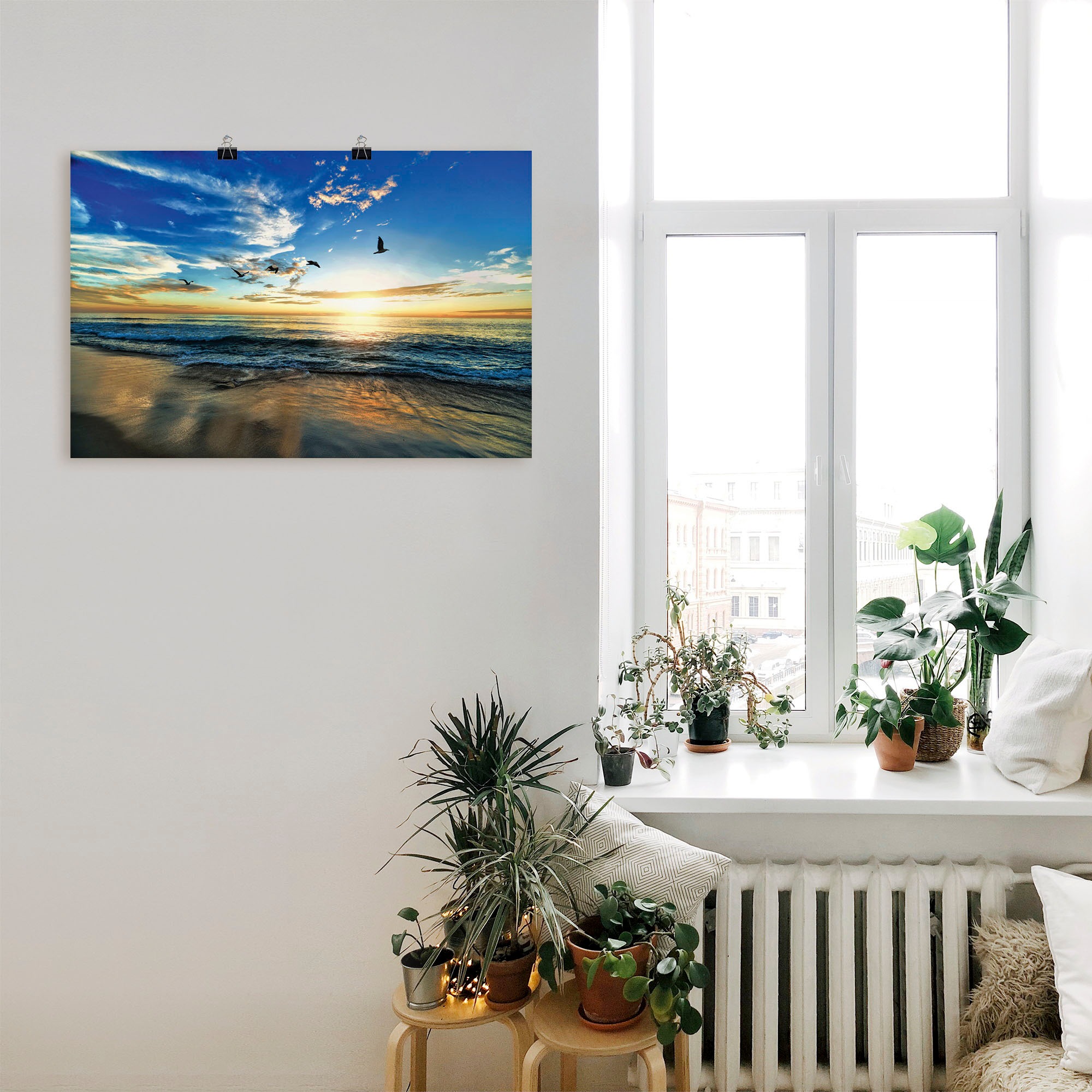 Artland Wandbild "Strand Möwen Meer Sonnenuntergang" Sonnenaufgang & -untergang 1 Stk. tlg. als Leinwandbild, Poster in verschied. Größen