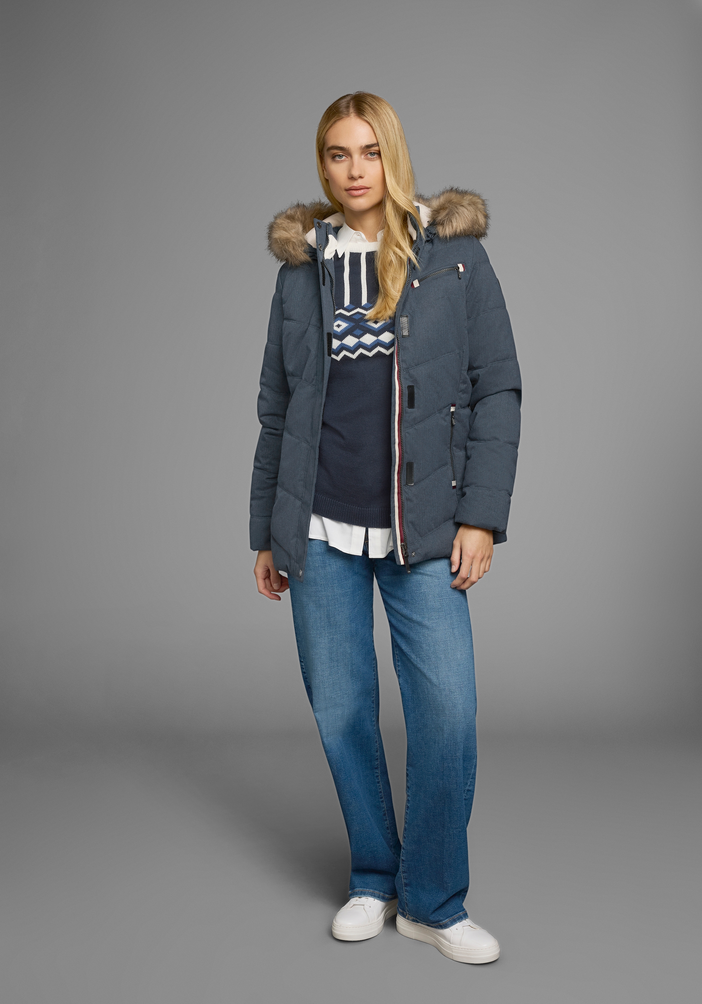 Polarino Steppjacke, mit Kapuze, mit abnehmbarer Kapuze, mit Fellimitat, viele Taschen