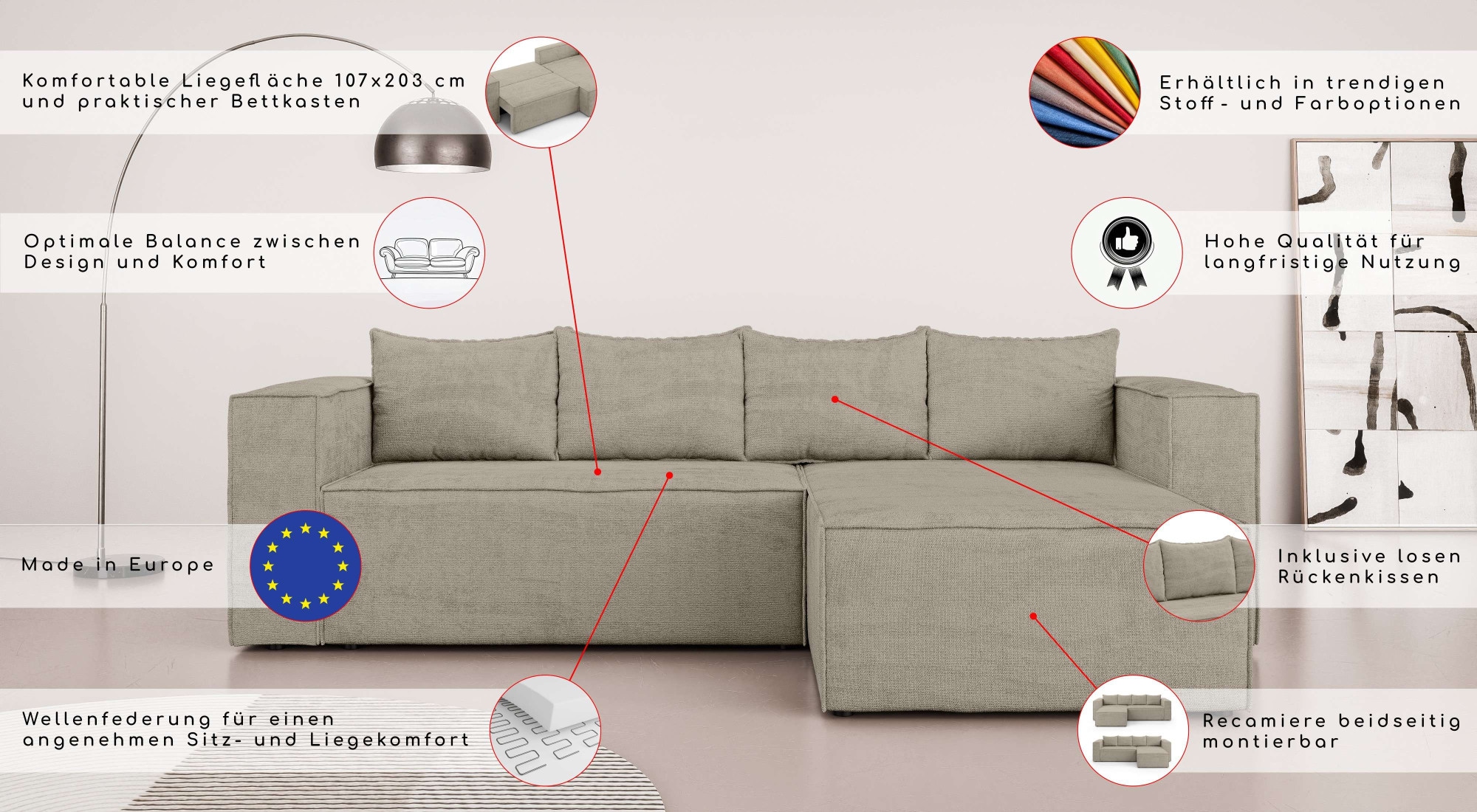 INOSIGN Ecksofa »LINCOLNVILLE mit Bettfunktion und Bettkasten, Maße B/H/T 244/76/150 cm«, L-Form mit Wellenunterfederung, Recamiere beidseitig montierbar