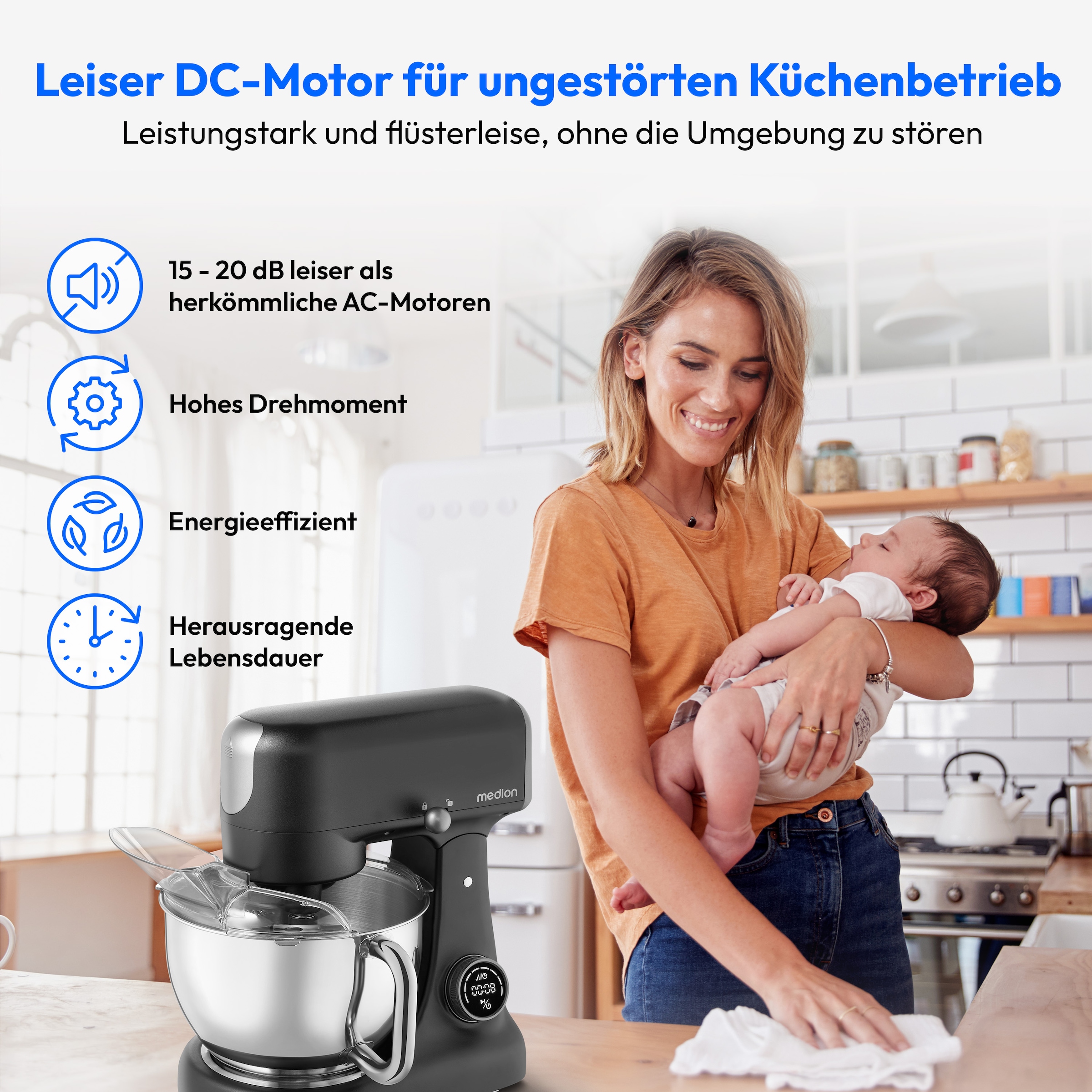 Medion® Küchenmaschine »MD 12600, 8 Geschwindigkeitsstufen, Impulsfunktion, DC-Motor, 4,6 L«, Mit umfangreichem Zubehör-Set, Fleischwolf-Aufsatz, Gemüsereibe