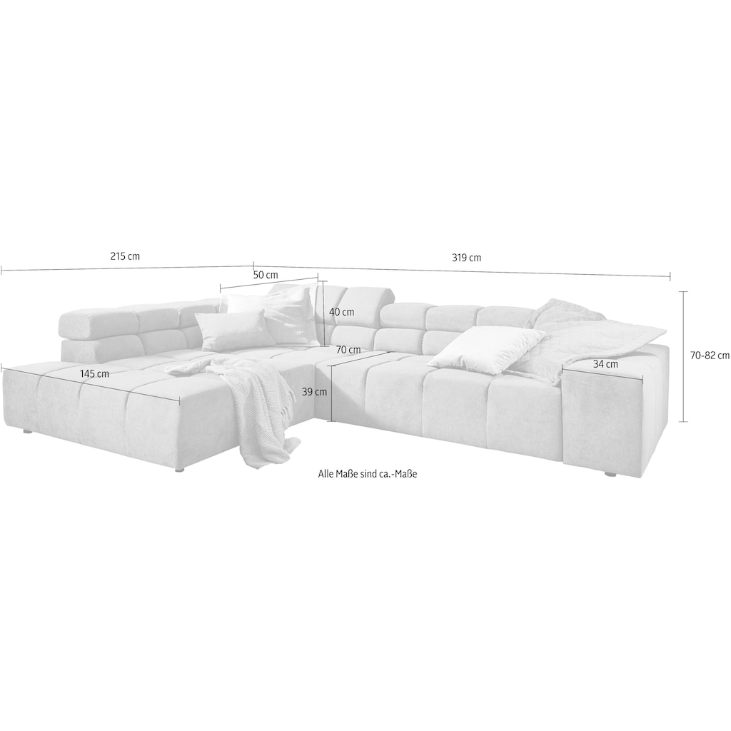 INOSIGN Ecksofa »Ancona incl. Kopfteilverstellung, Zierkissen B/T/H: 319/210/70 cm«