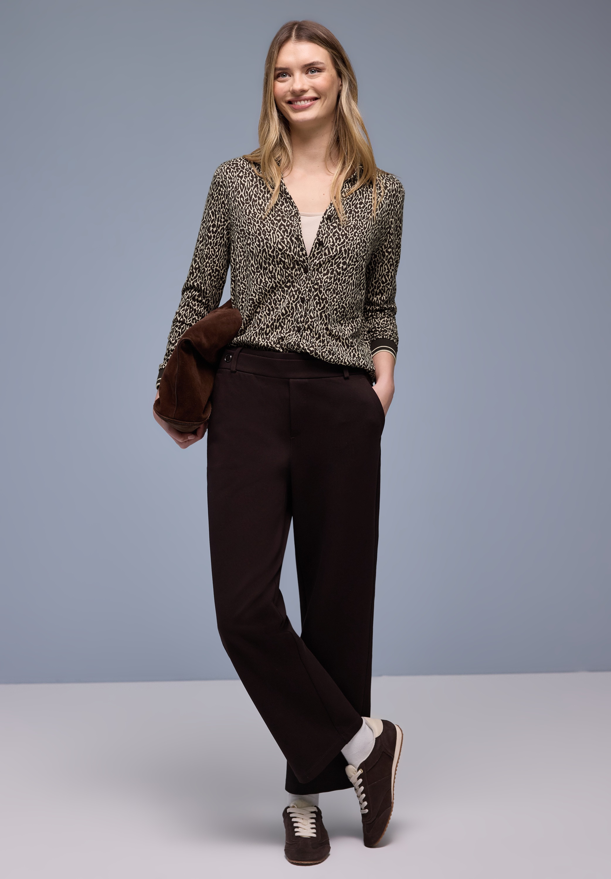 Langarmshirt STREET ONE, Damen, Gr. 42, molten earth, Stoff, 50% Modal, 50% Baumwolle, normal normal, V-Ausschnitt, elastischer Bund, Shirts Langarmshirt, im Leo Design 3