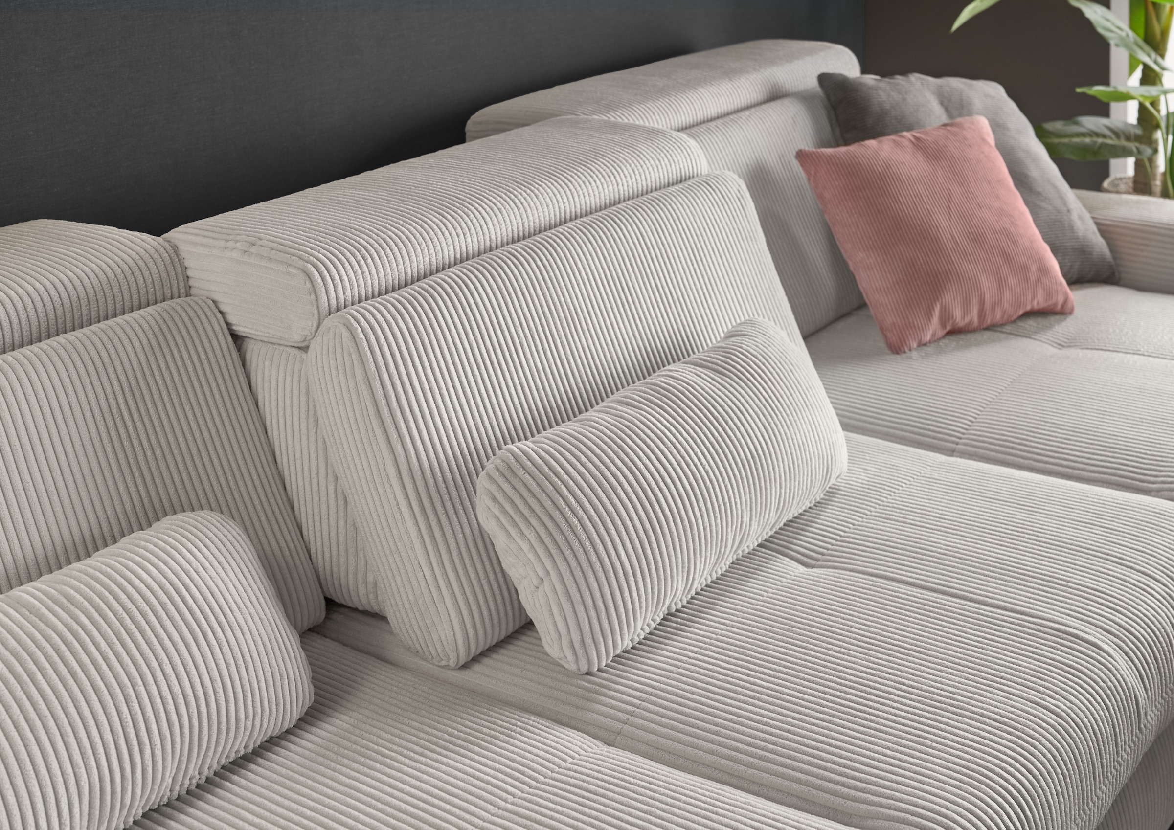 set one by Musterring Ecksofa »SO 3400 Sitzhöhe 47cm oder 49cm, Sitztiefe verstellbar, B/T: 307/195cm« whlw. mit Funktion, Kaltschaum, in Cord, silver, Sitzhöhe 47