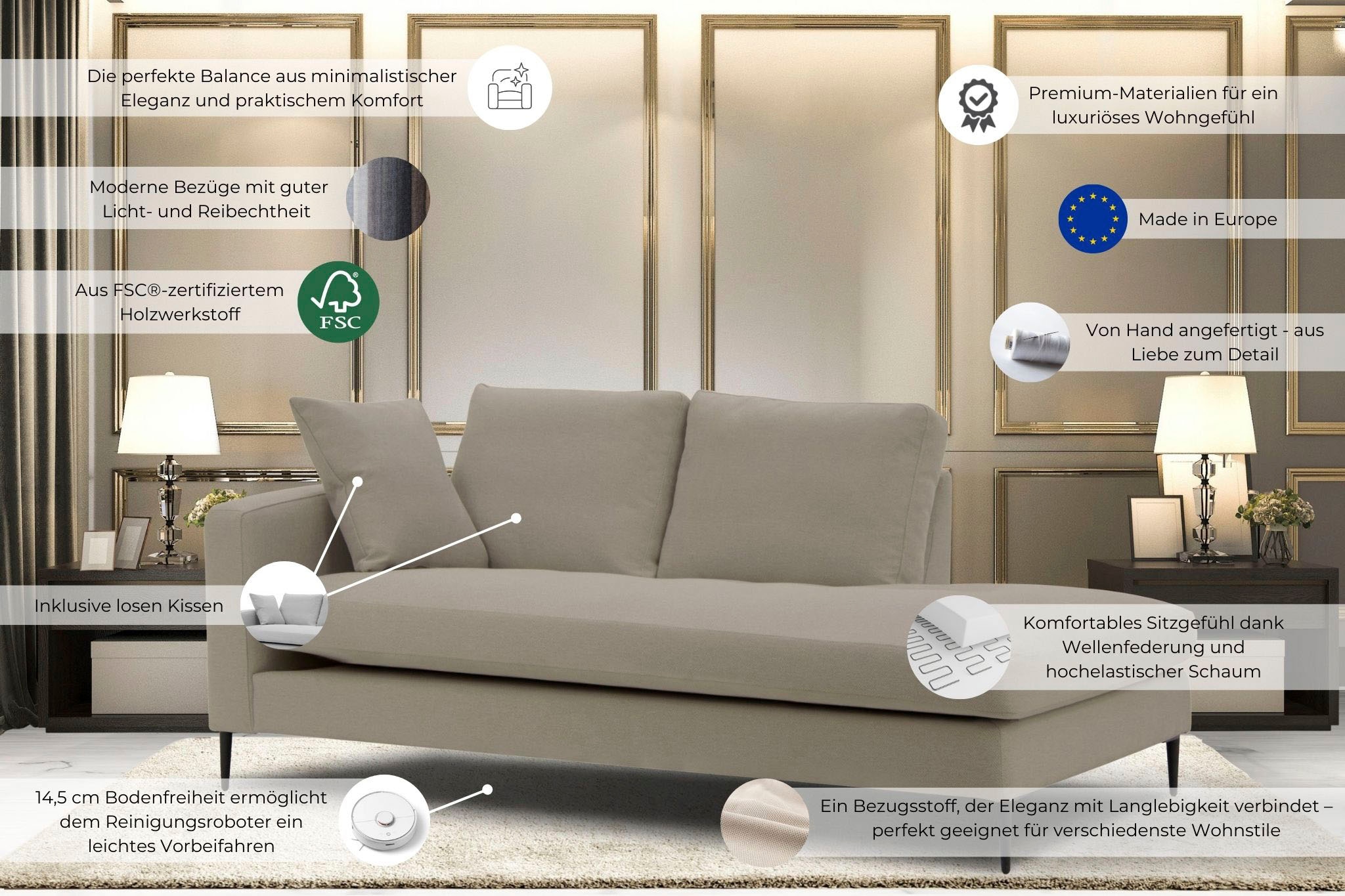 Leonique Recamiere »Cozy Chaiselongue, Maße B/T/H: 195/97/80 cm«, mit losen Kissen und Metallbeinen, Armlehne links oder rechts wählbar