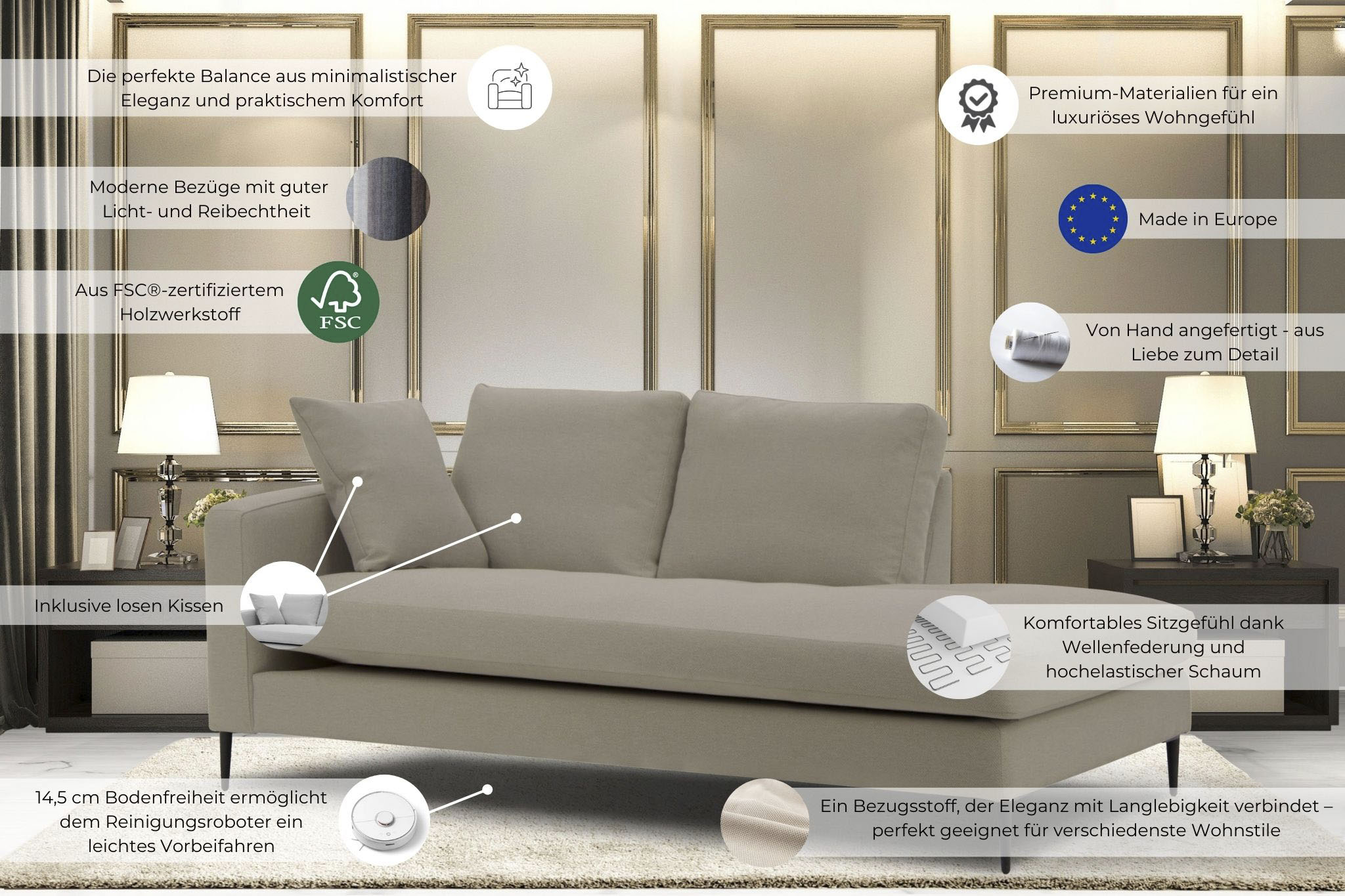 Thumbnail - Leonique Recamiere "Cozy Chaiselongue, Maße B/T/H: 195/97/80 cm", mit losen Kissen und Metallbeinen, Armlehne links oder...