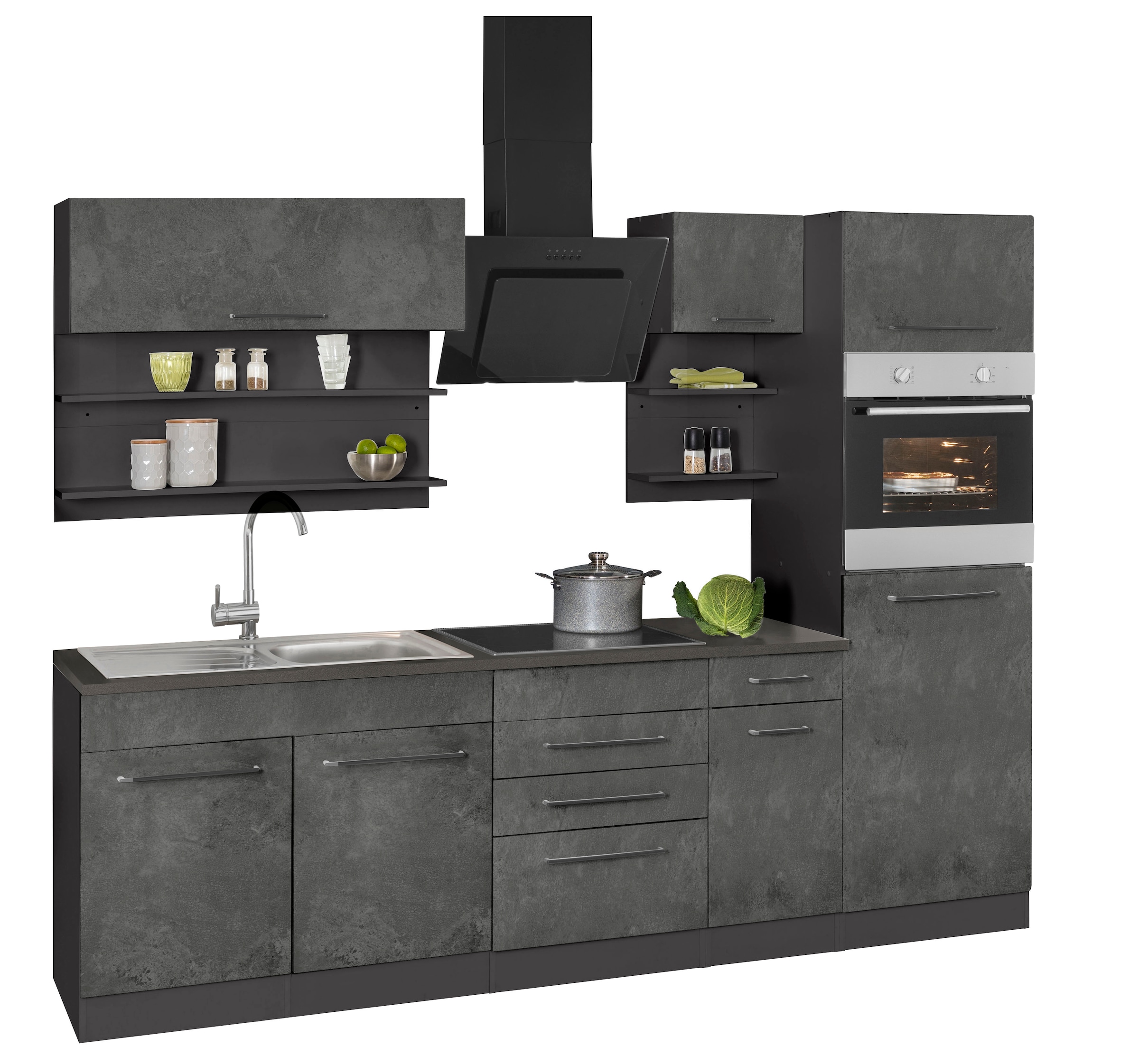 KOCHSTATION "KS-Tulsa" mit E-Geräten, Breite 330 cm, schwarze Metallgriffe, MDF Fronten
