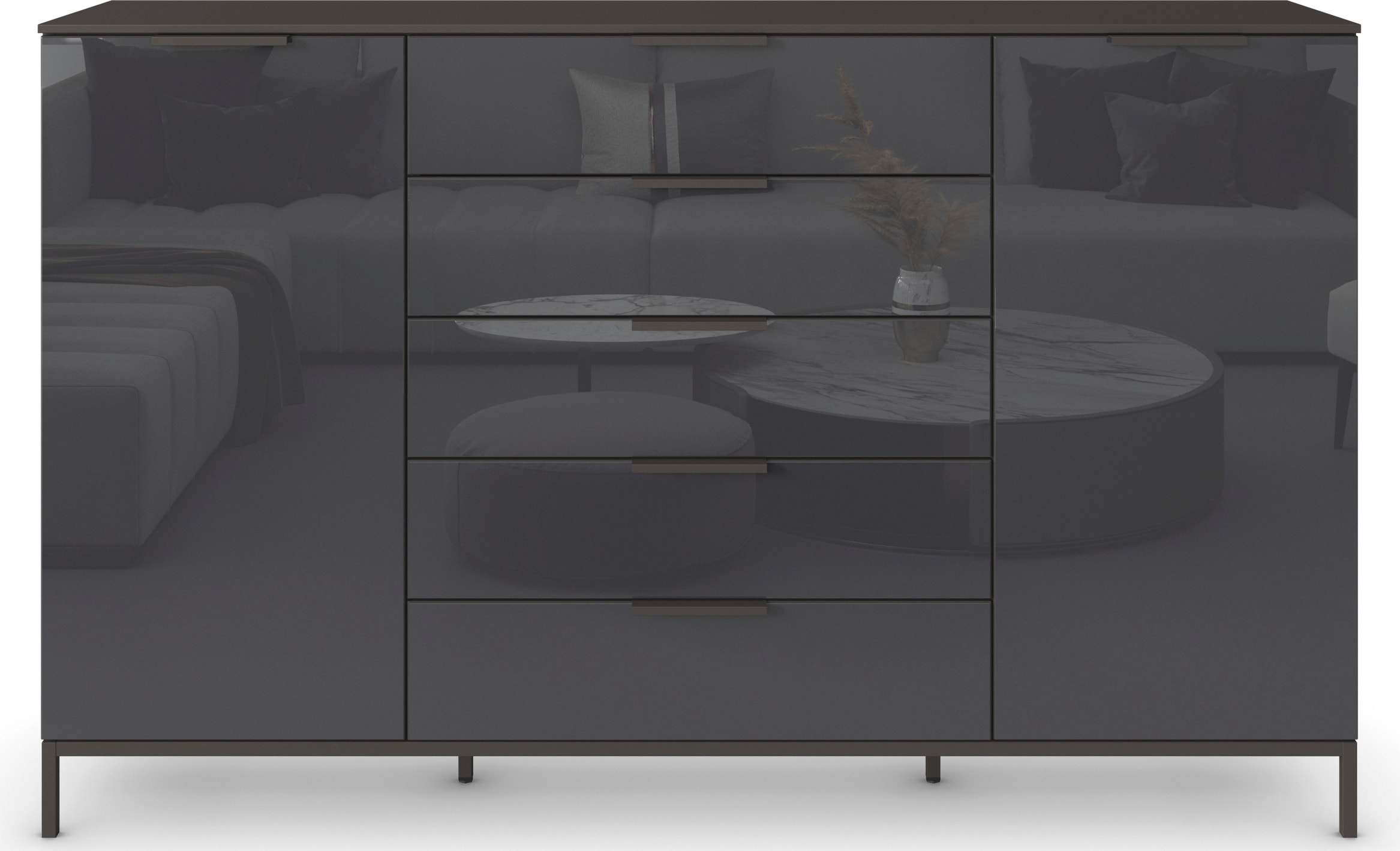 rauch Schubkastenkommode »Kommode Türkommode Sideboard Kombikommode FLIPP mit Glasfront«, (Breite 160/180 cm mit 4 Einlegeböden), 2-trg mit 5 Schubladen und Soft-Close-Funktion, Glasfront, 2 Breiten