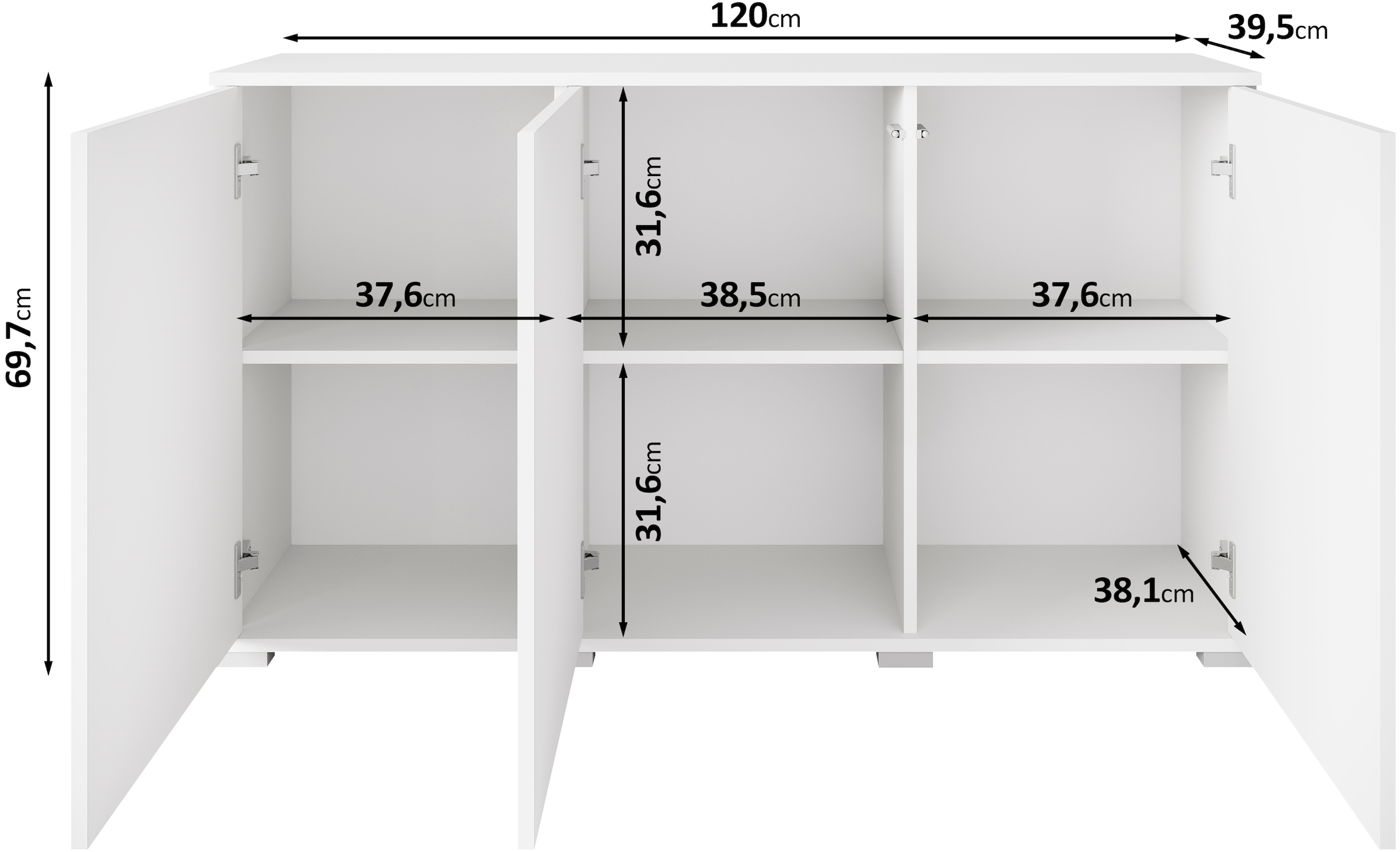 INOSIGN Sideboard »Kenia, moderne grifflose Kommode mit 3 Türen, Breite 120 cm«, (1 St.), Push-to-Open-Fronten, höhenverstellbaren Einlegeböden