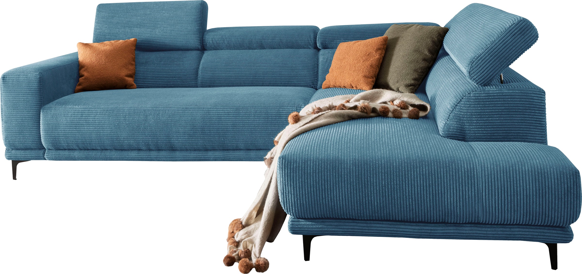 Ecksofa ALINA "Hikari", blau (azurblau gct 46), B:302cm H:102cm T:210cm, Cord GCT (92% Polyester, 8% Nylon), Sofas, Ecksofa, wahlweise mit Sitzvorzug, in modernem Cordstoff, Breite 302 cm 7