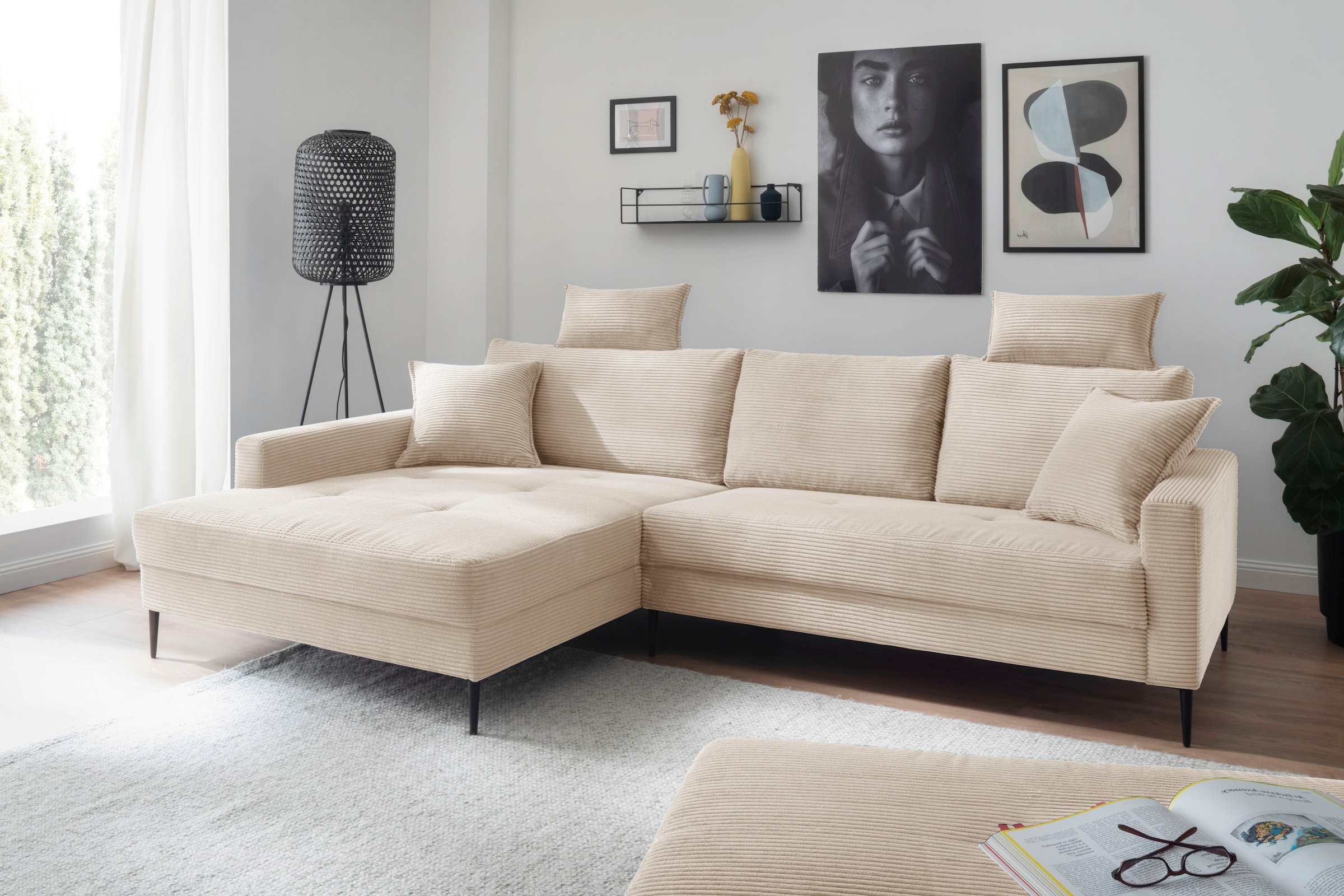 OTTO home Ecksofa "Summer L-Form, B: 280cm, in Cord & Struktur" wahlweise mit Kopfstützen, schwarze Metallfüße
