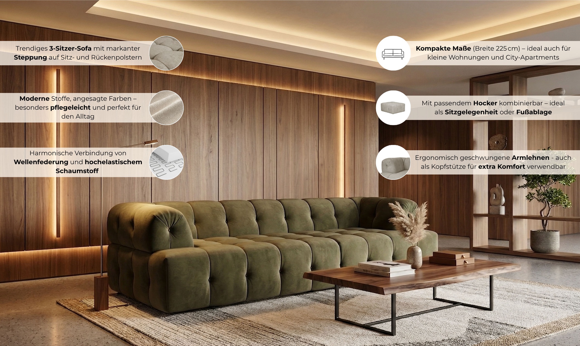 Home affaire 3-Sitzer »APERIRE Design-Sofa, moderne Steppung, Breite 225 cm« mit Wellenunterfederung, gemütlich und modern, komfortables Sitzgefühl