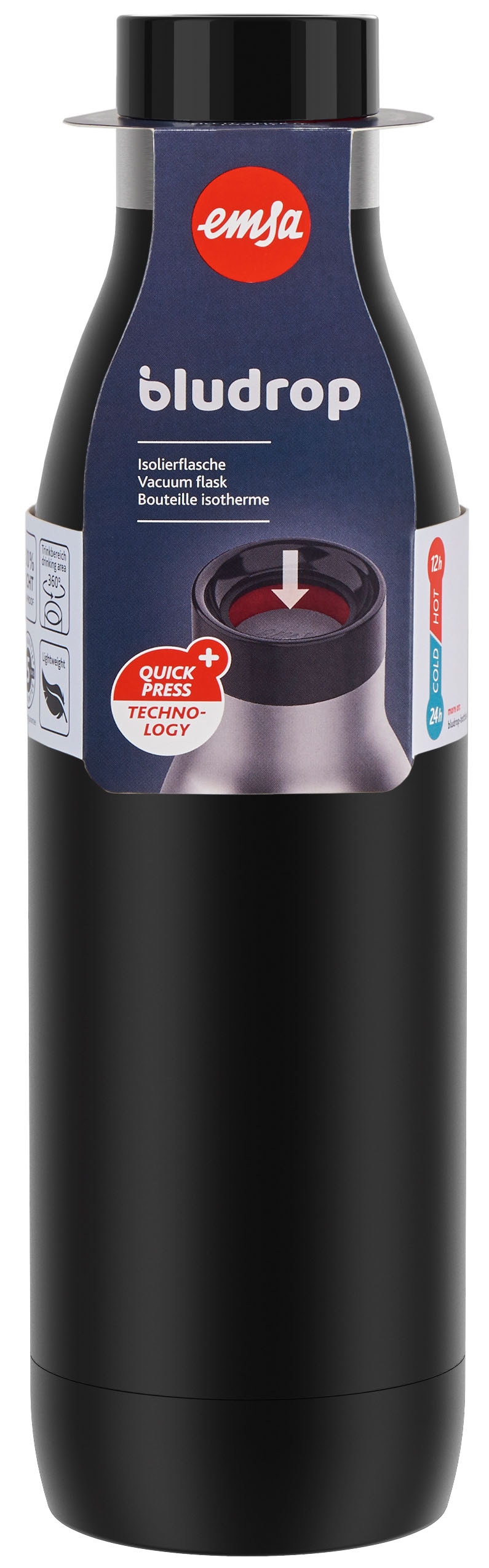 Emsa Trinkflasche »Bludrop Color«, (1 Deckel, | BAUR spülmaschinenfest Quick-Press kühl, Edelstahl, warm/24h tlg.), 12h