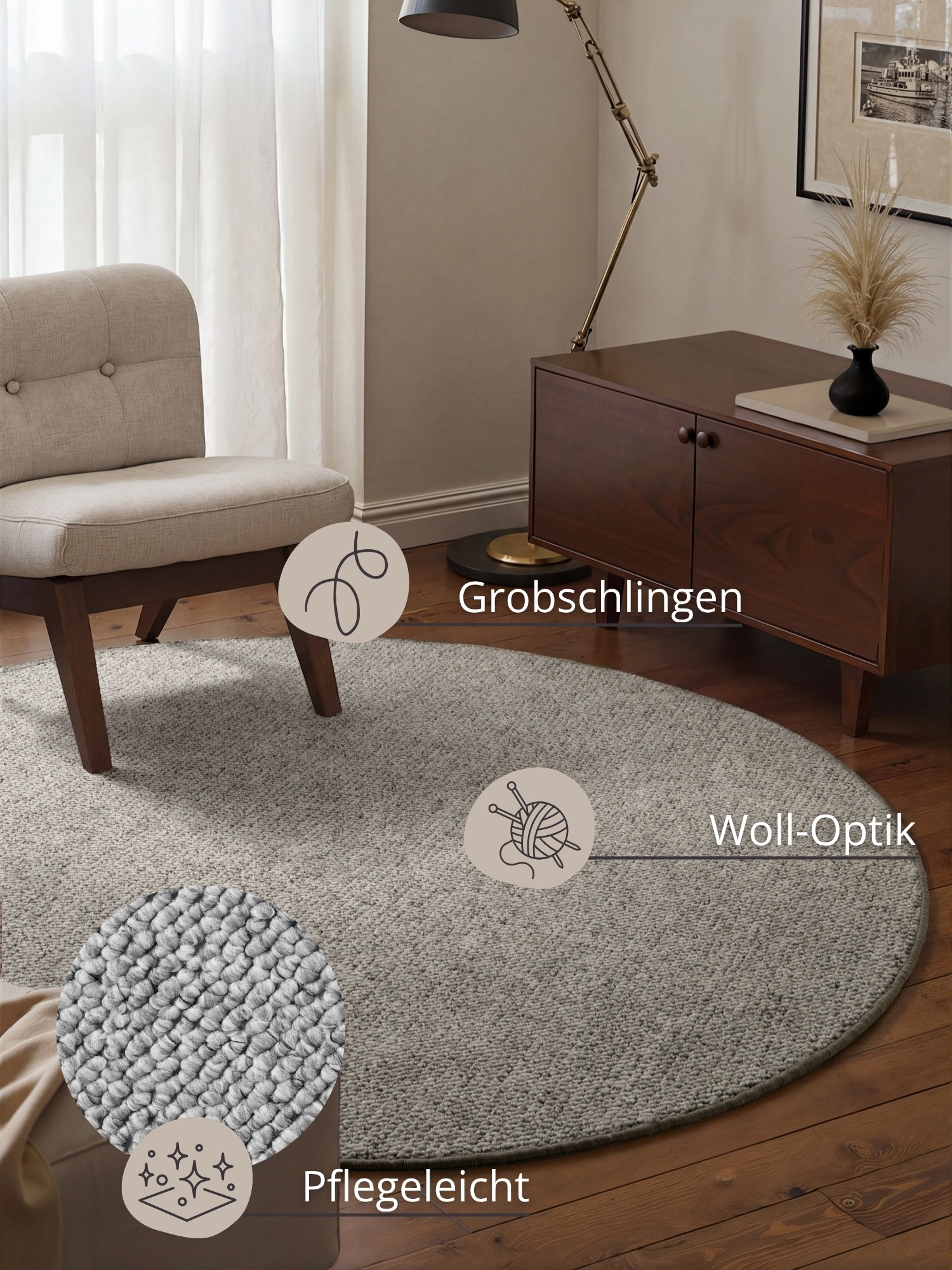 HANSE Home Teppich »Wolly 2« rund 12 mm Höhe Flachgewebe, Skandi, Woll-Optik, Esszimmer, Wohnzimmer, Flur