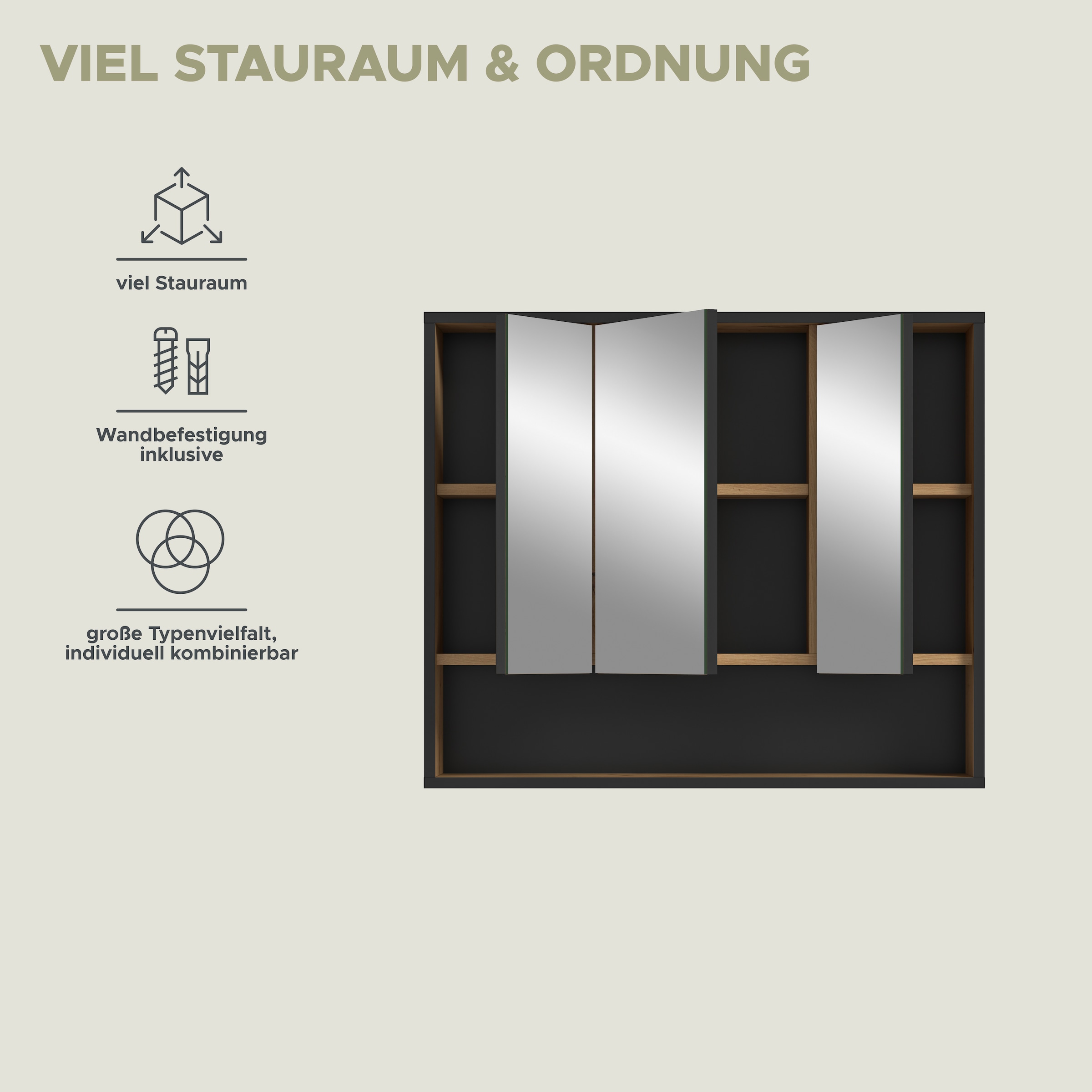welltime Spiegelschrank »LOCRI, Höhe 68 cm, 3 Spiegeltüren, 3 Einlegeböden, 1 offenes Fach« viel Stauraum, für perfekte Organisation, 1 Stk. tlg. Badmöbel, Badschrank, Badhochschrank, Schrank, Bad, Badezimmer