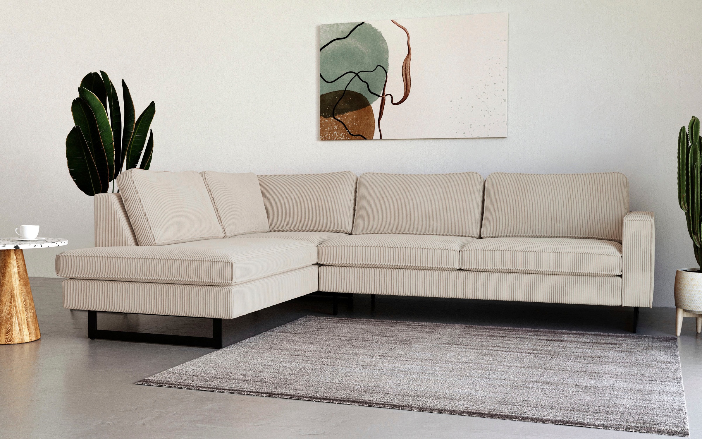 Ecksofa HOME AFFAIRE "Pinto, 290 cm, Cord, Chenille, Lederoptik, Ottomane links / rechts", beige (cream), B:290cm H:85cm T:217cm, 92% Polyester, 8% Nylon, Sofas, Ecksofa, mit Keder, schwarze Metallfüße, Wellenunterfederung