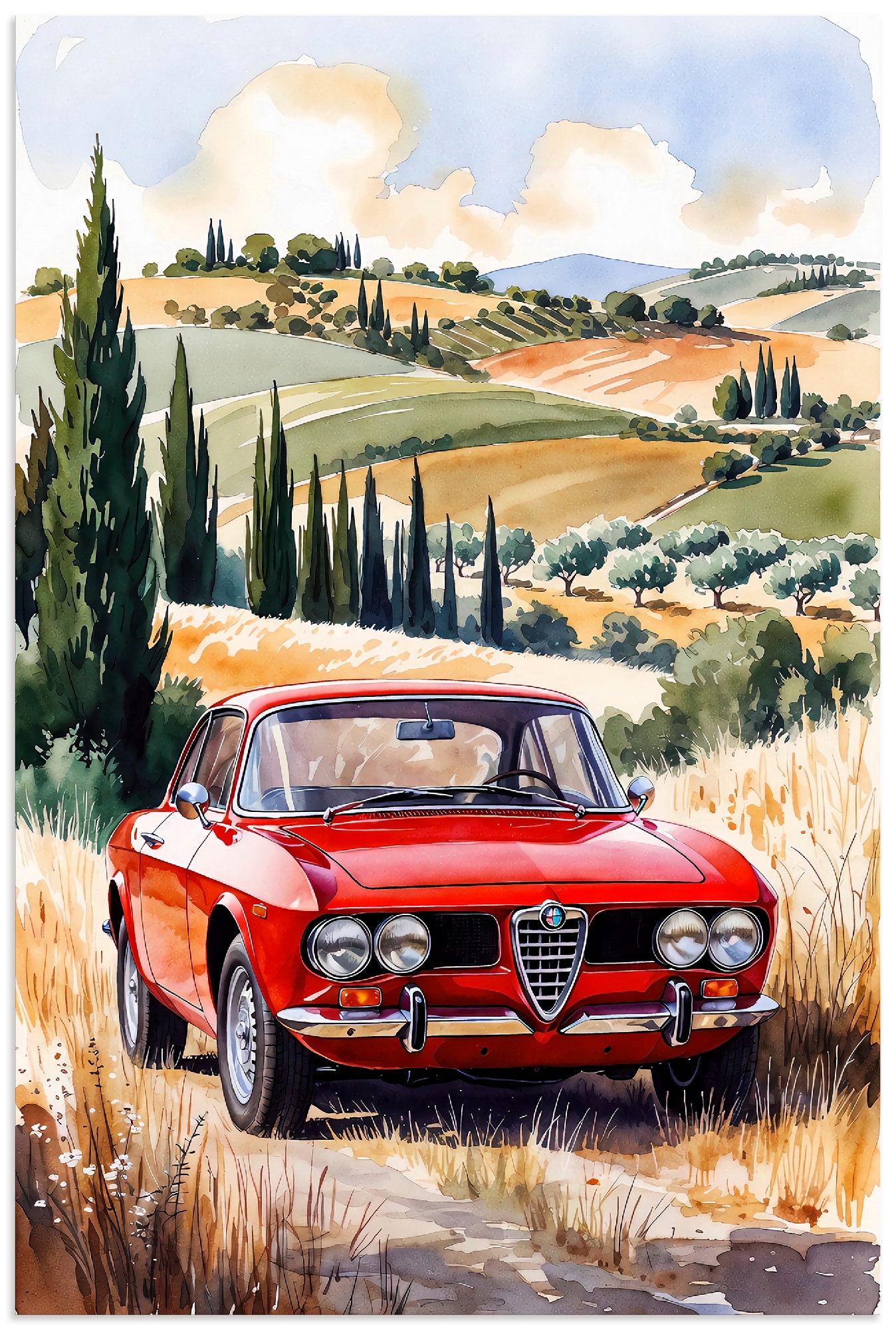 Artland Wandbild "Roter Alfa Romeo in der Sonne der Toscan" 1 Stk. tlg. als Alubild, Leinwandbild, Poster, Wandaufkleber in verschied. Größen