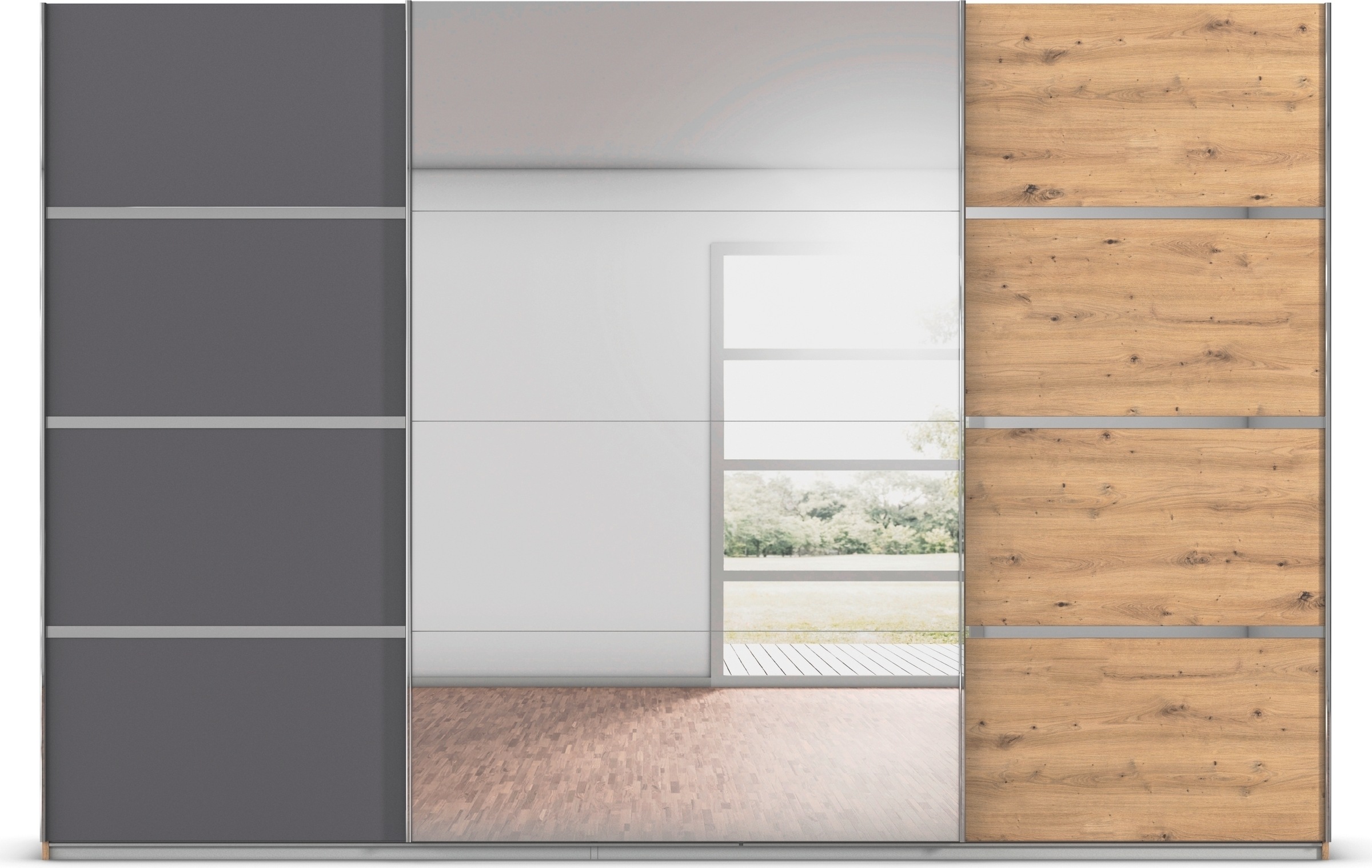 rauch Kleiderschrank »Schwebetürenschrank OTTO´s Choice Garderobe Schrank TOP ANGEBOT Avola«, (in 3 verschiedenen Ausstattungen BASIC/CLASSIC/PREMIUM inkl. Spiegel), mit eleganten Zierleisten in Chrom, Schwarz oder Weiß MADE IN GERMANY