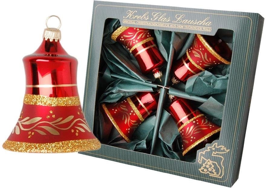 Krebs Glas Lauscha Christbaumschmuck »Glocken, Weihnachtsdeko rot, Christbaumschmuck«, (Set, 4 tlg.), goldfarben dekoriert, mundgeblasen