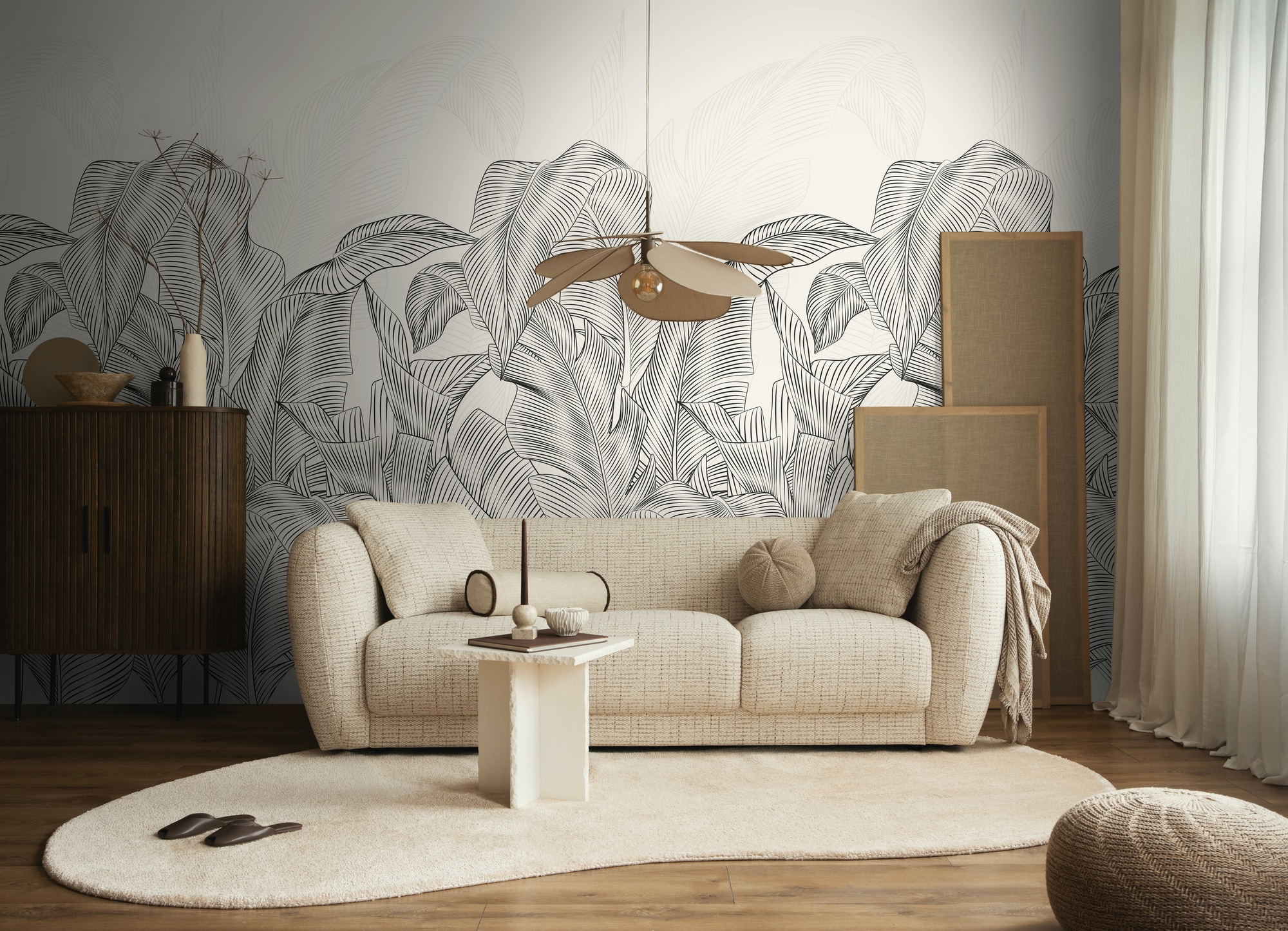 living walls Vliestapete »Vibes & Styles Linea Botanica – Jungle Outline Fototapete« floral leicht strukturiert Minimalistisches Blattdesign mit Linienführung und moderner Eleganz