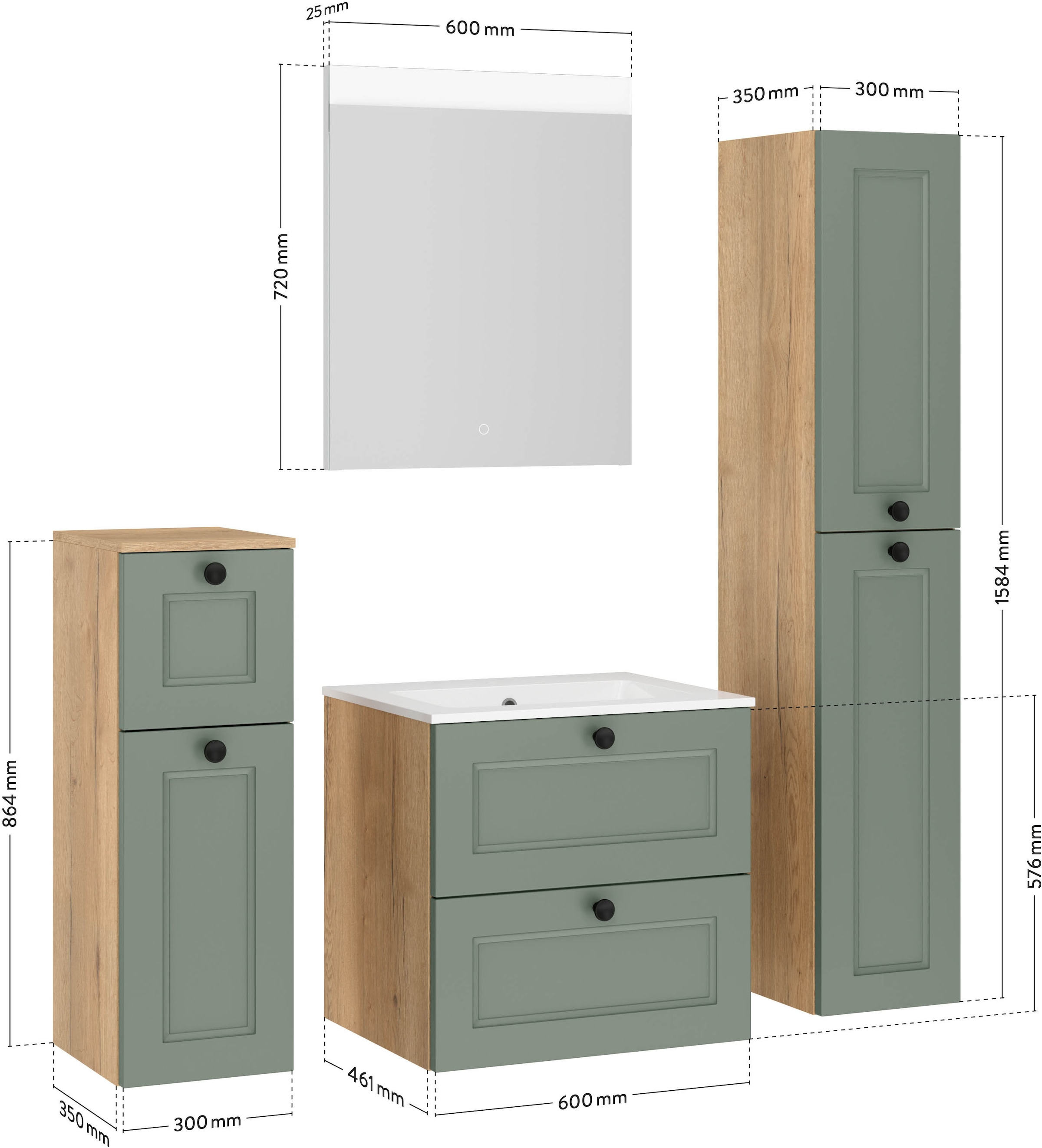 nobilia® Badmöbel-Set »Cascada« Set, mit Waschbecken, inkl. beleuchtetem Spiegel mit Touch-Sensor, 4 Stk. tlg.