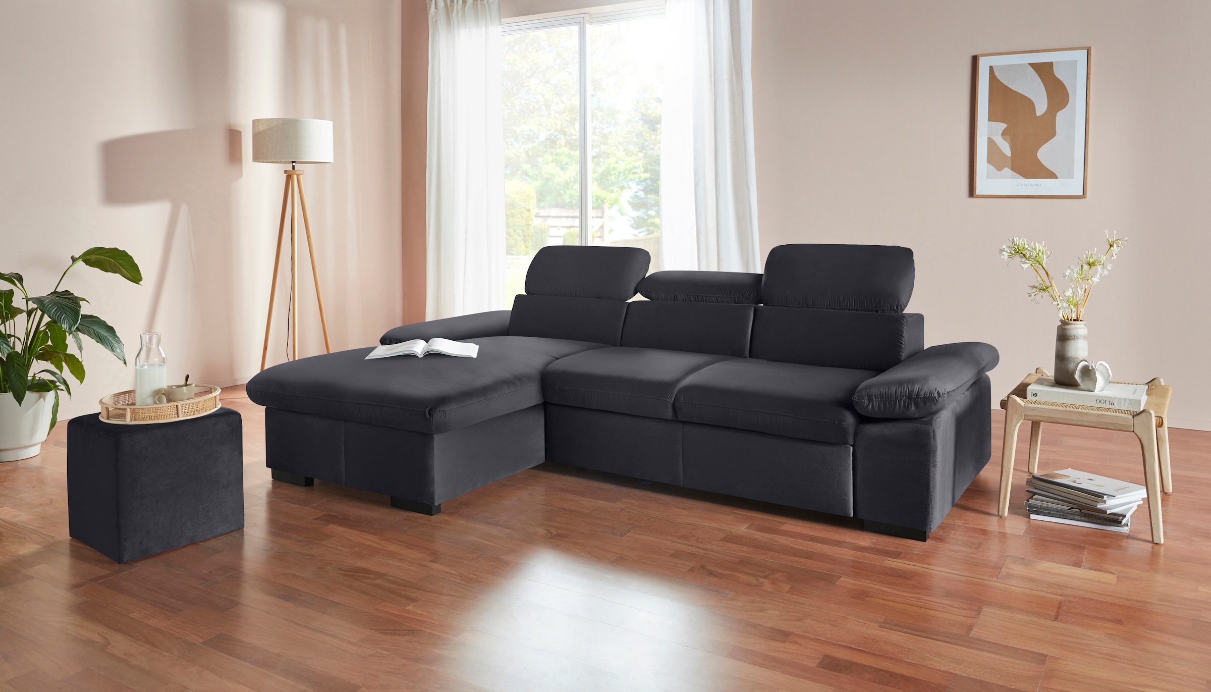 COTTA Ecksofa »Lola L-Form mit Kopfteilfunktion & Hocker«, (Set, mit Hocker), wahlweise mit Bettfunktion, Bettkasten & Armteilverstellung