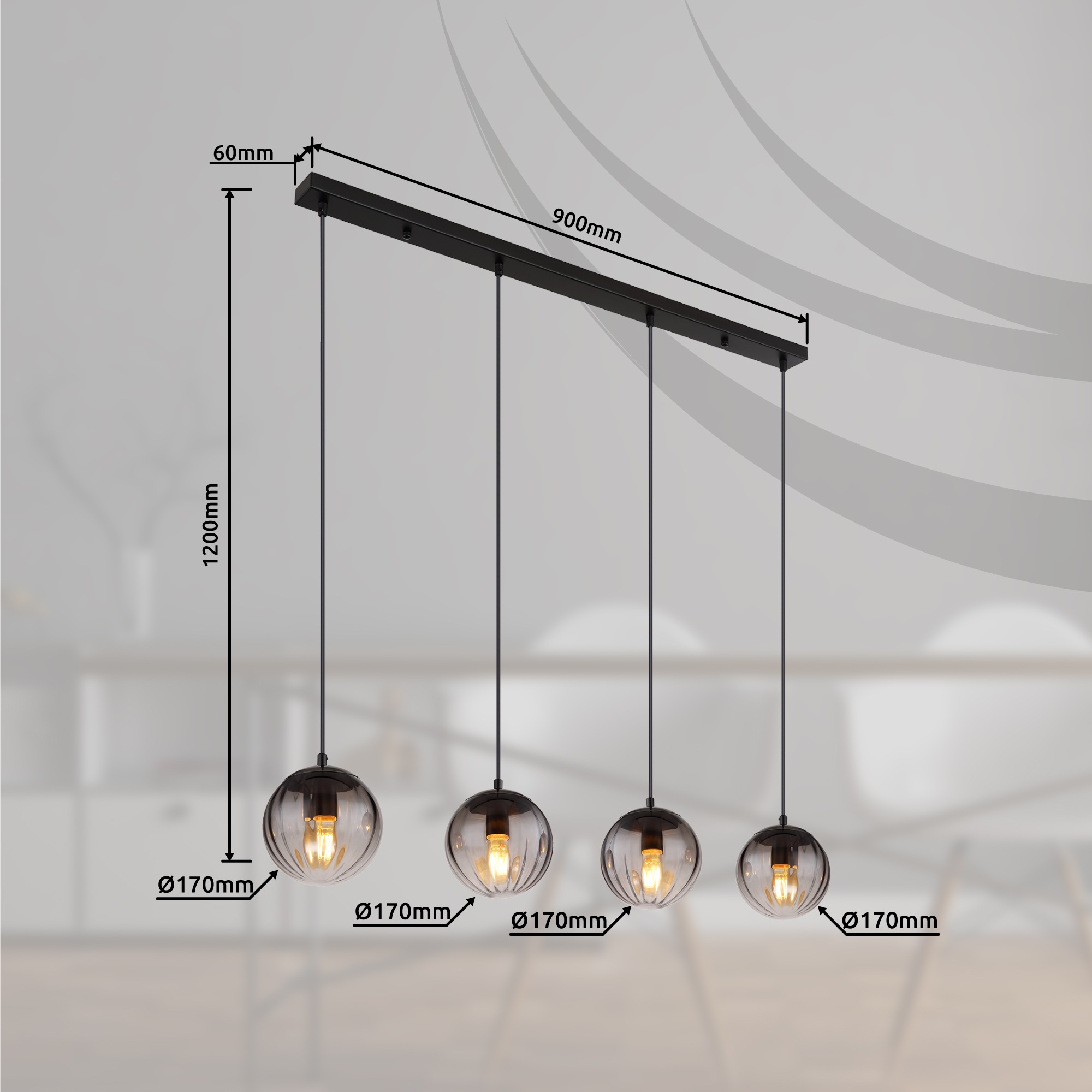 GLOBO LIGHTING Hängeleuchte »DALLERTA«, Leuchtmittel E27 | ohne Leuchtmittel, Hängelampe/Pendelleuchte/Glas rauchfarben/Höhe kürzbar/Esstisch