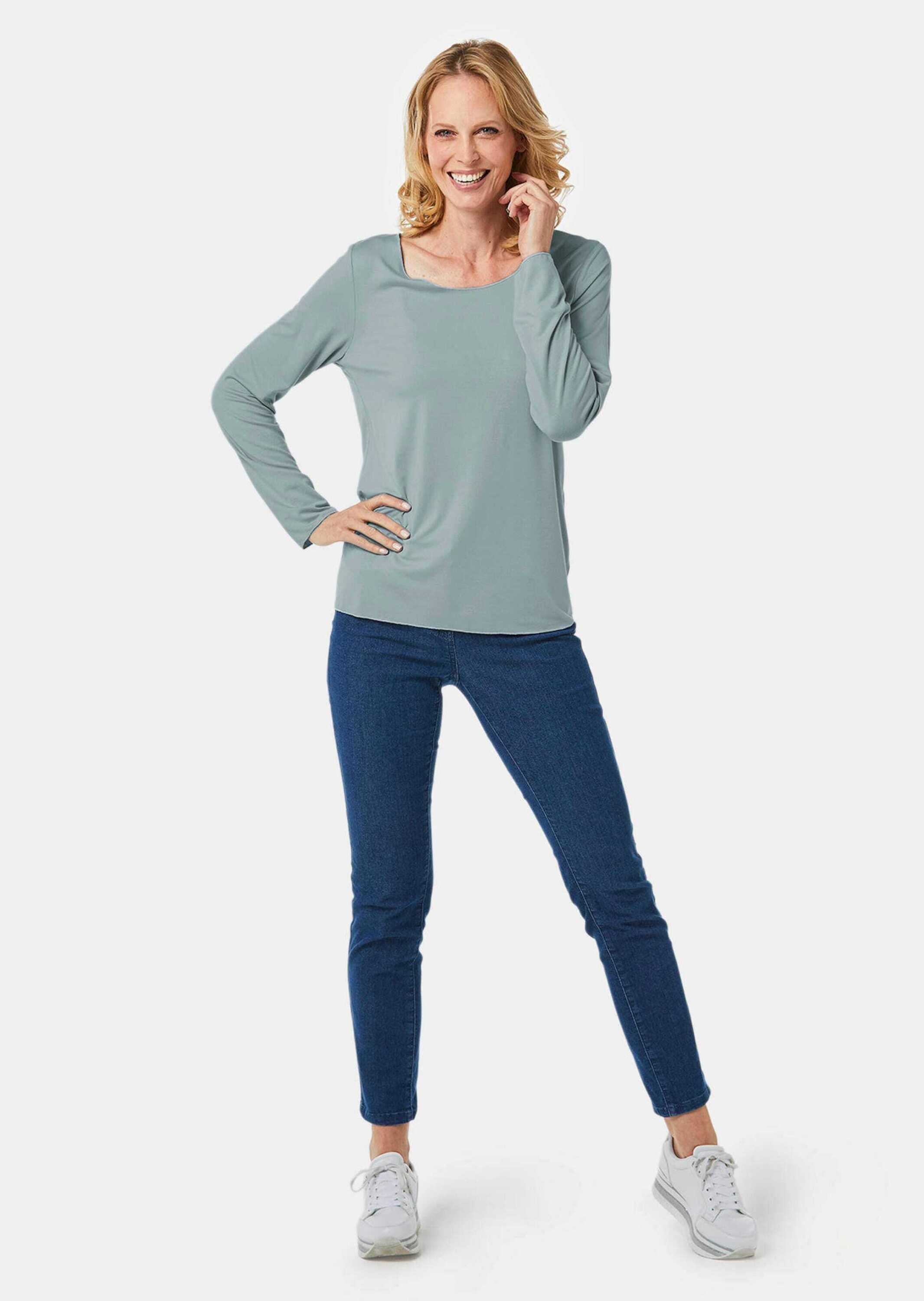 Longpullover GOLDNER "Kurzgröße Langarmshirt mit tonaler Zierkante", Damen, Gr. 24, grün (jade), Obermaterial: 90% Viskose CV. 10% Elasthan EL., Sonstiges, Pullover Longpullover, Ohne 3
