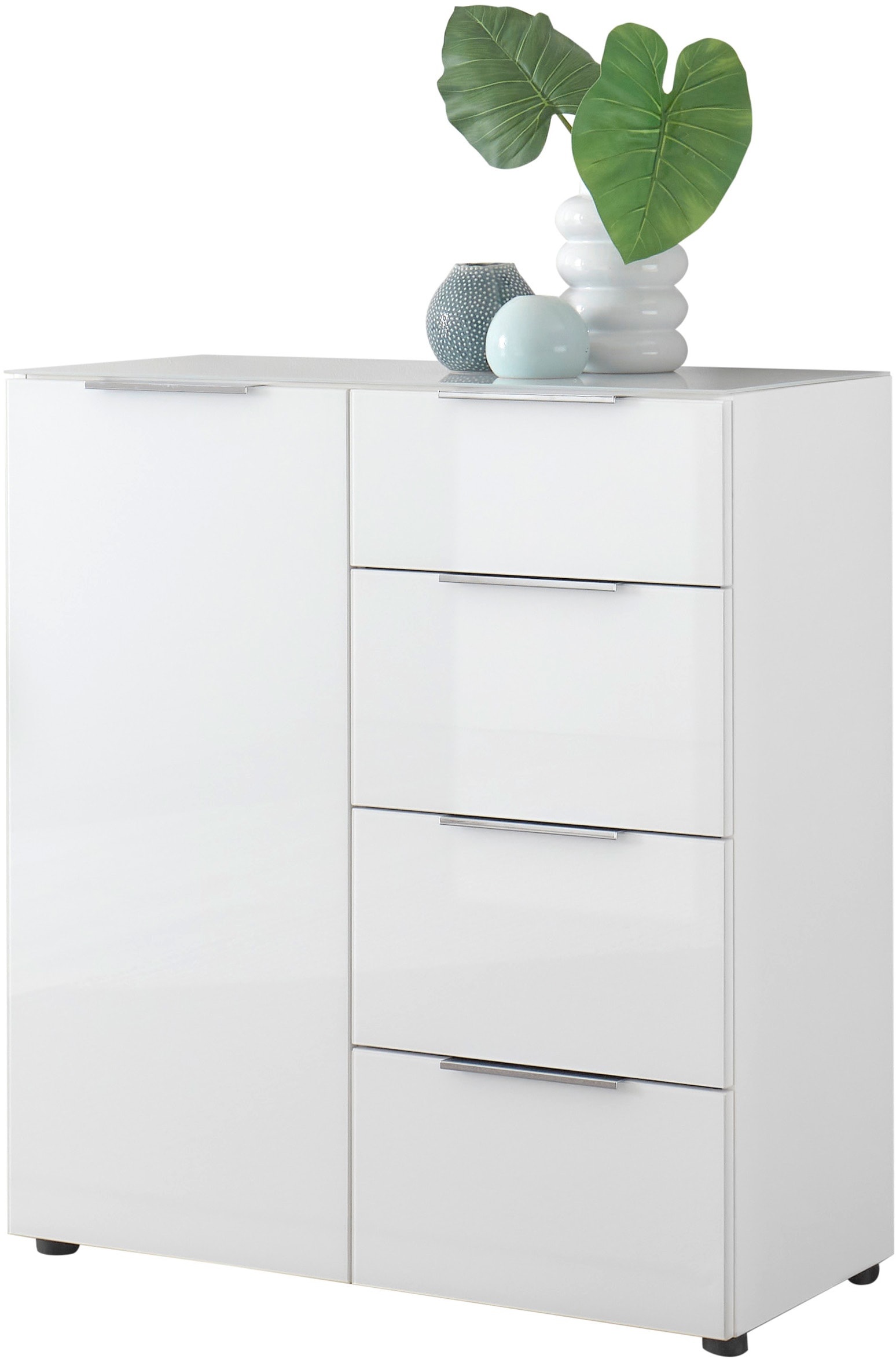 HBZ Sideboard »Santorin Mehrzweckschrank-Universalschrank, BxHxT 90x99x40 cm«, (1 St.), Mit 1 Tür und 4 Schubkästen mit Softclose, Glasfront und Glasoberboden