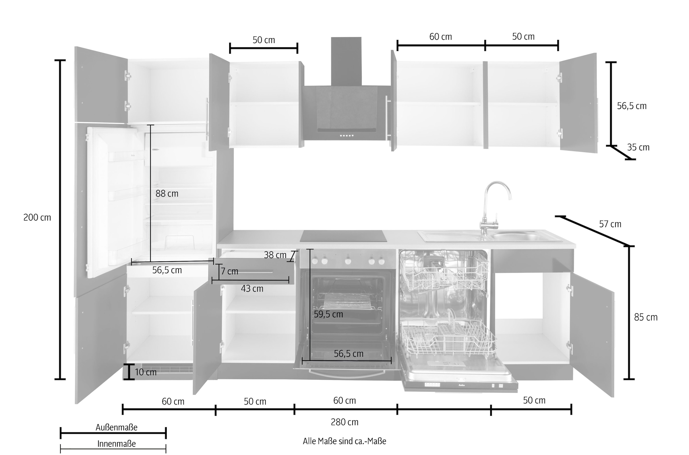 wiho Küchen Küchenzeile »Cali«, ohne E-Geräte, Breite 280 cm bestellen |  BAUR