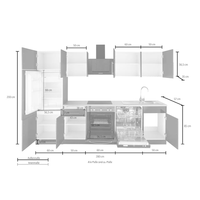 wiho Küchen Küchenzeile »Cali«, ohne E-Geräte, Breite 280 cm bestellen |  BAUR