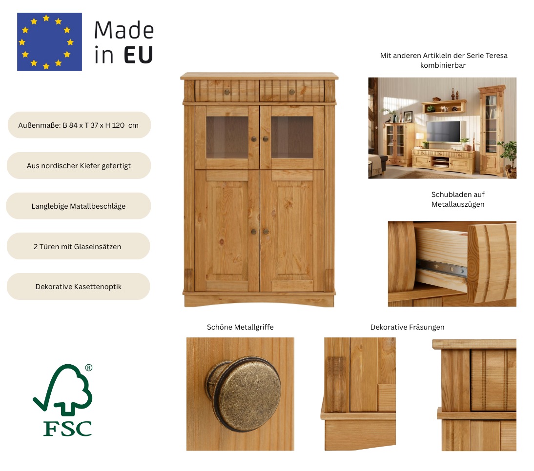 Thumbnail - Home affaire Highboard "Teresa Mini-Vitrine mit Glastüren und 2 Schubkästen" Kommode, aus massiver Kiefer, Breite 84 cm,...