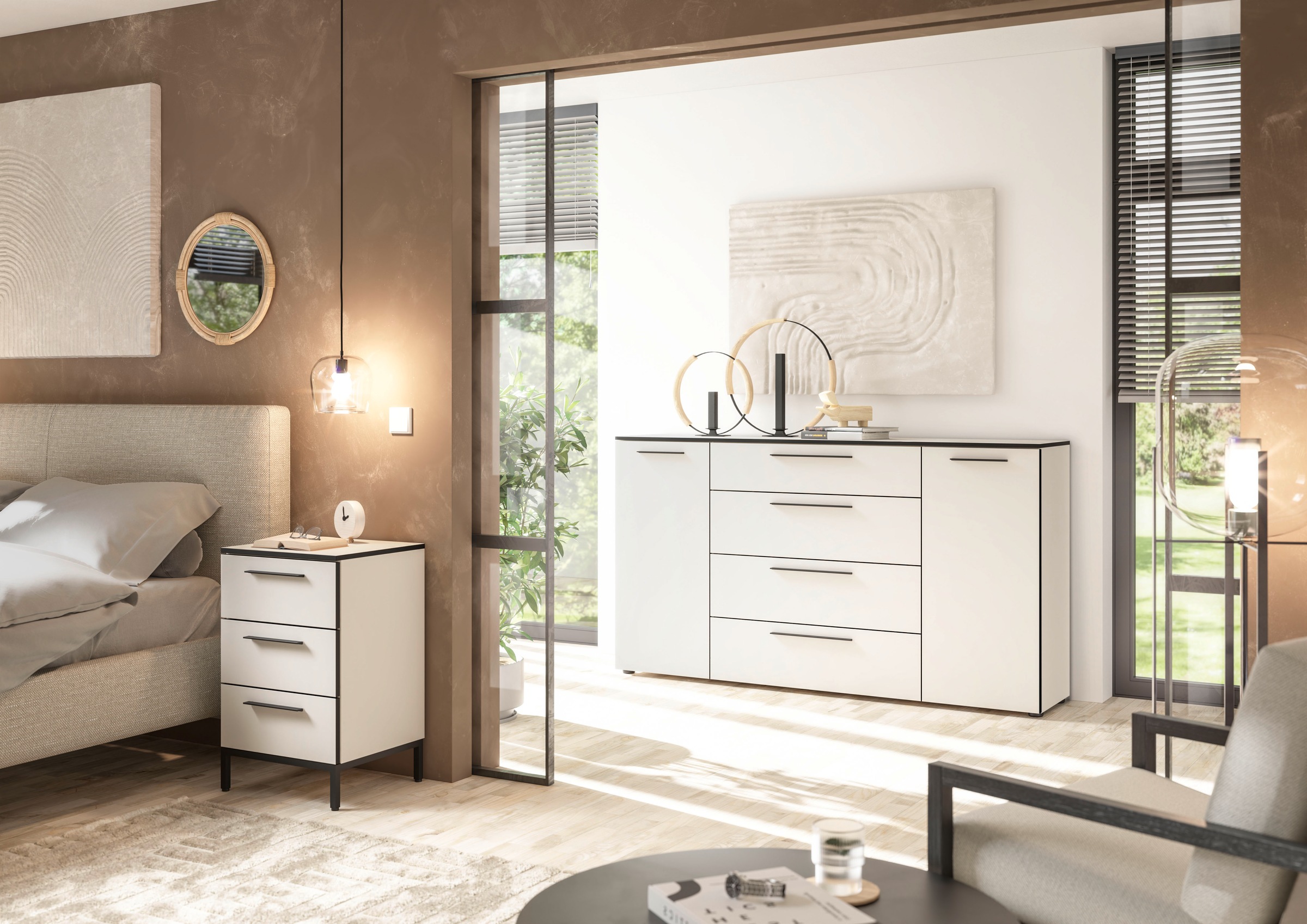 Manjana Möbel Nachtkommode "mit Schwarz matten Metallgriffen" günstig online kaufen