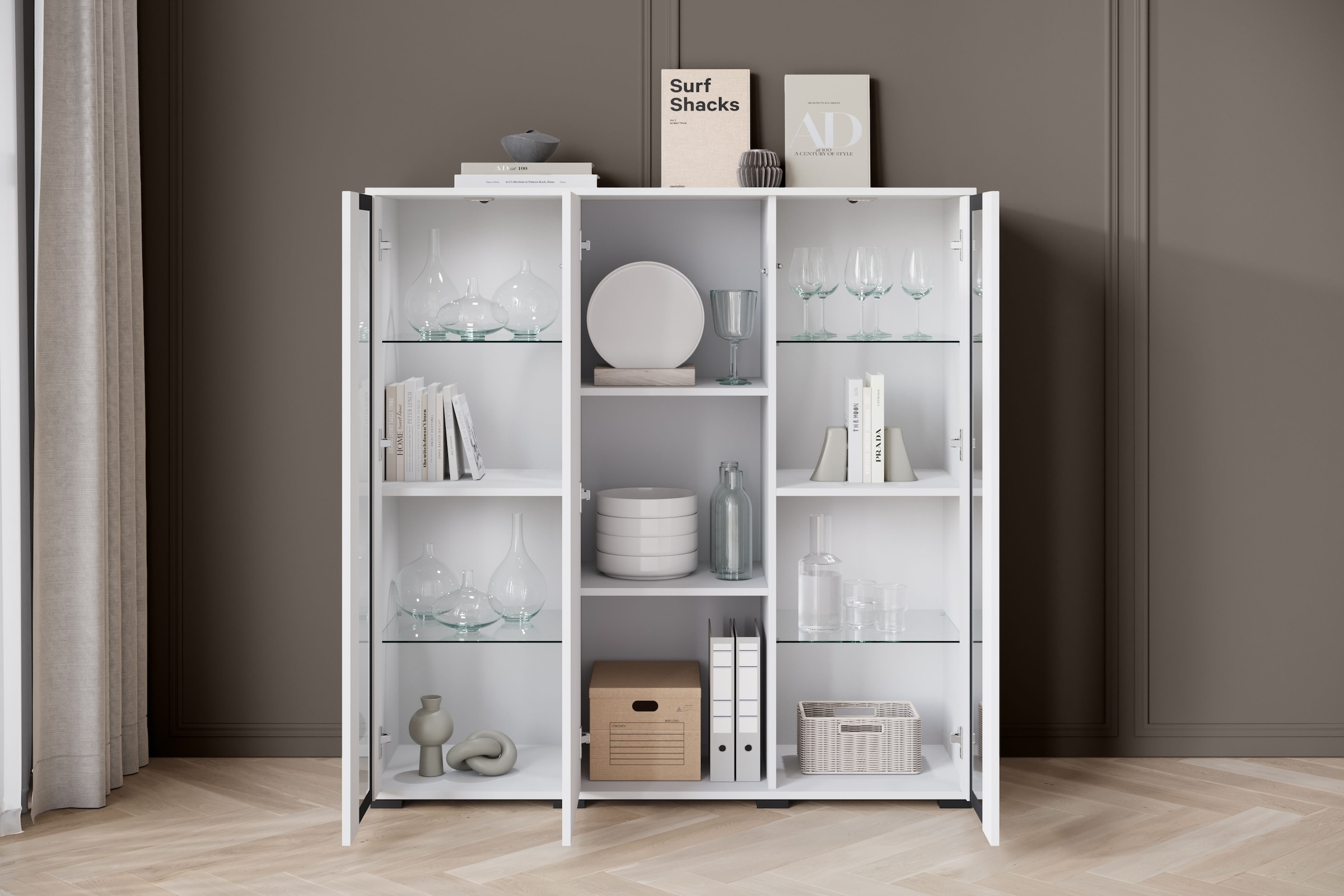 INOSIGN Highboard »Caro, modernes Design mit Glaseinsätzen, Breite 120 cm«, (1 St.), grifflose Fronten mit Push-to-Open, höhenverstellbare Einlegeböden