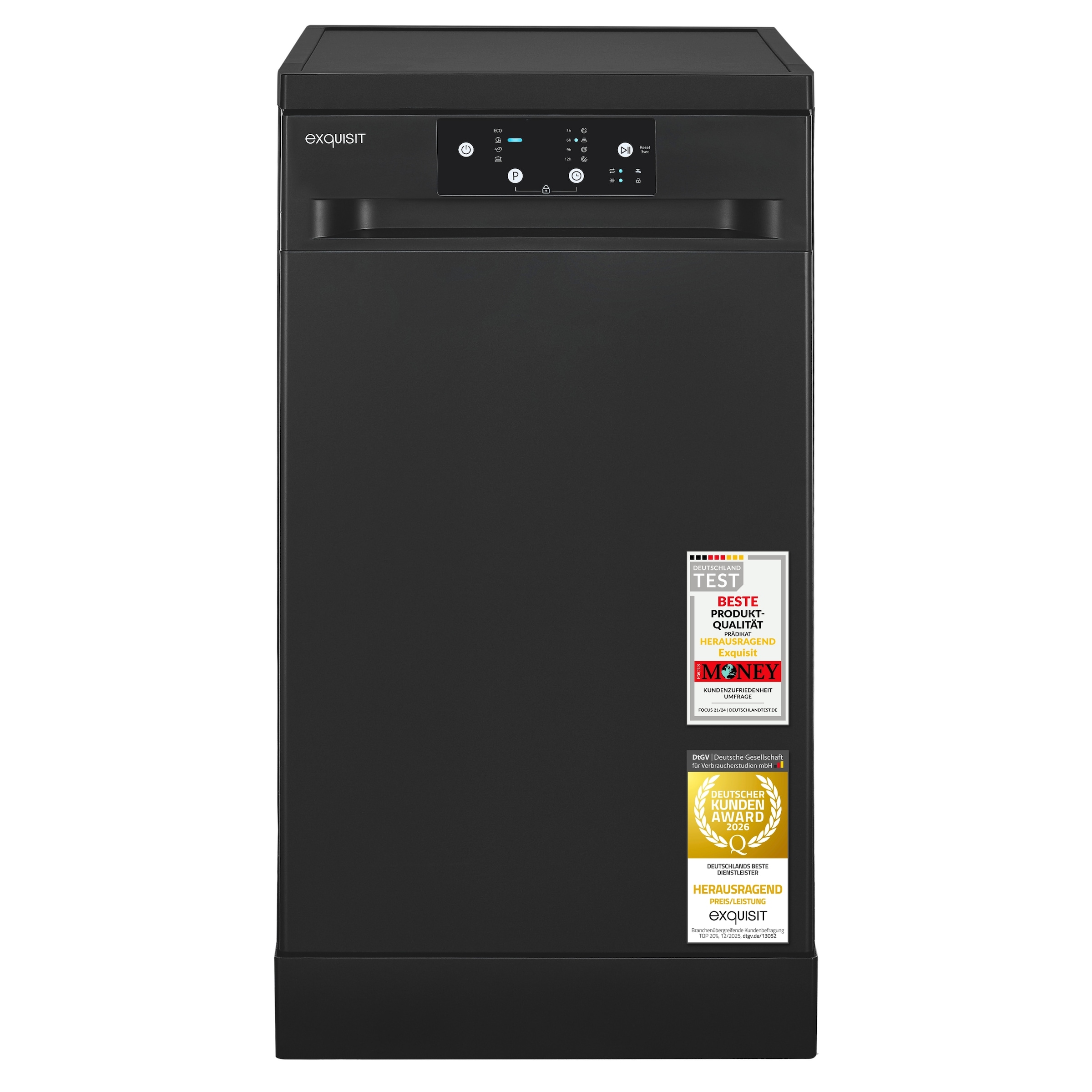 EXQUISIT Standgeschirrspüler "GSP9109-451D schwarz", B:44,8cm H:84,5cm T:59cm, schwarz, Geschirrspüler, 9 Maßgedecke, 4 Programme, LED, Besteckkorb
