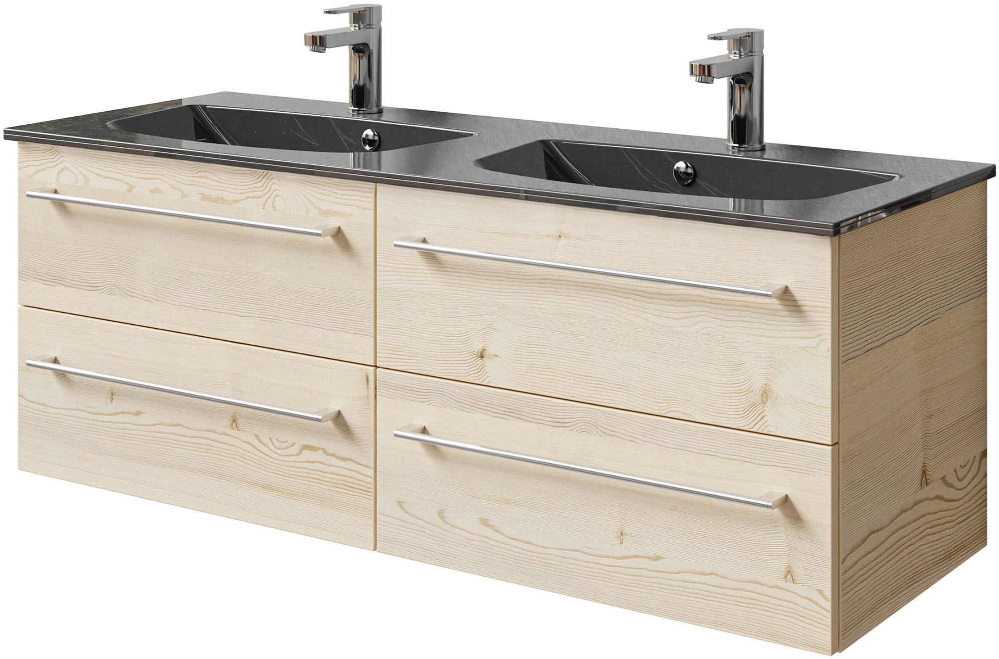 Saphir Badmöbel-Set »Serie 6025 2-teilig Mineralmarmor-Waschtisch mit LED-Spiegelschrank«, (2 St.), Waschplatz 132cm breit, 4 Schubladen, 2 Spiegel-Türen, inkl Türdämpfer