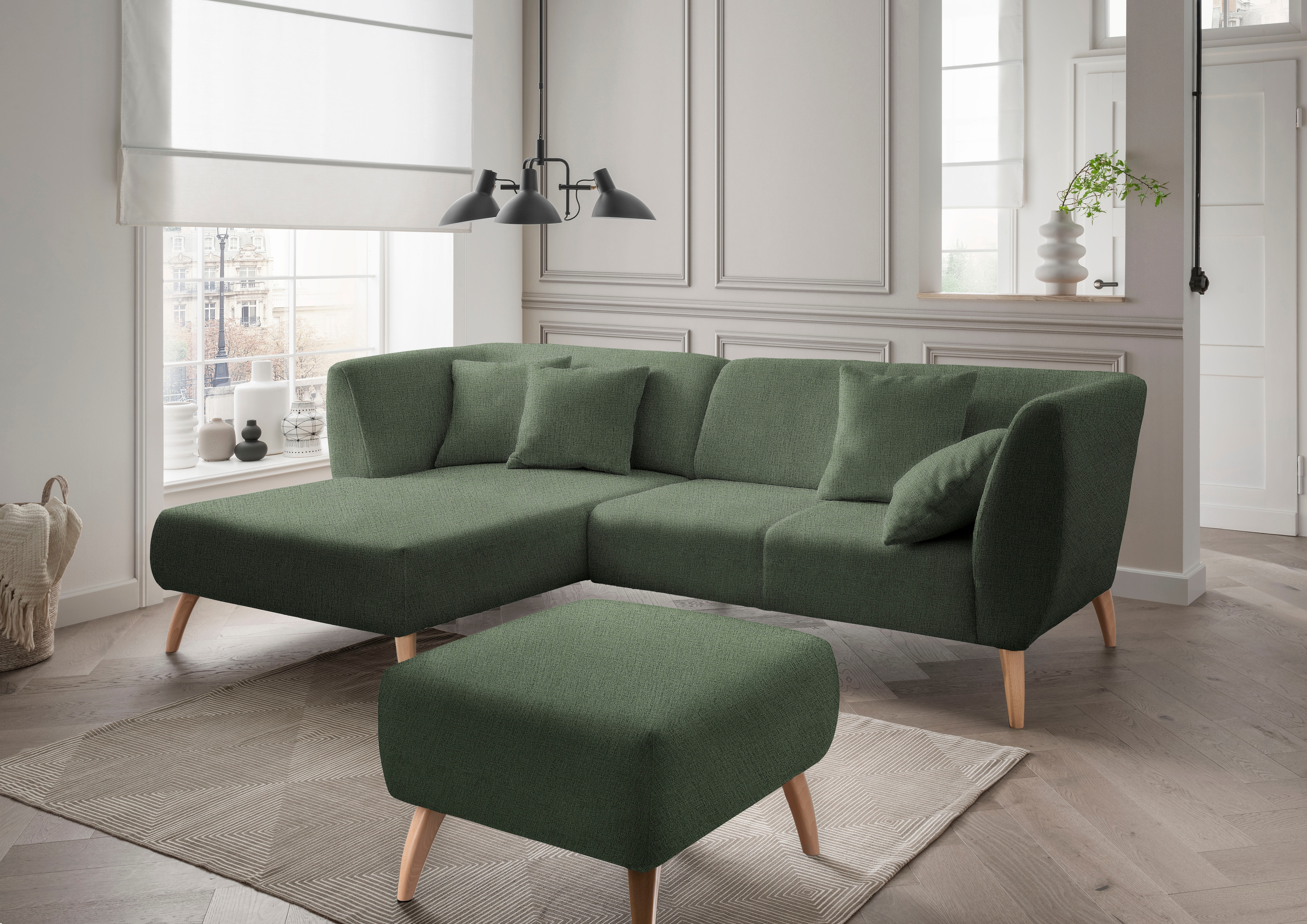Home affaire Ecksofa "Lazio modern und bequem, schmale Armlehnen, tolle Detailverarbeitung" Holzfußfarbe wählbar, inkl. 4x Zierkissen