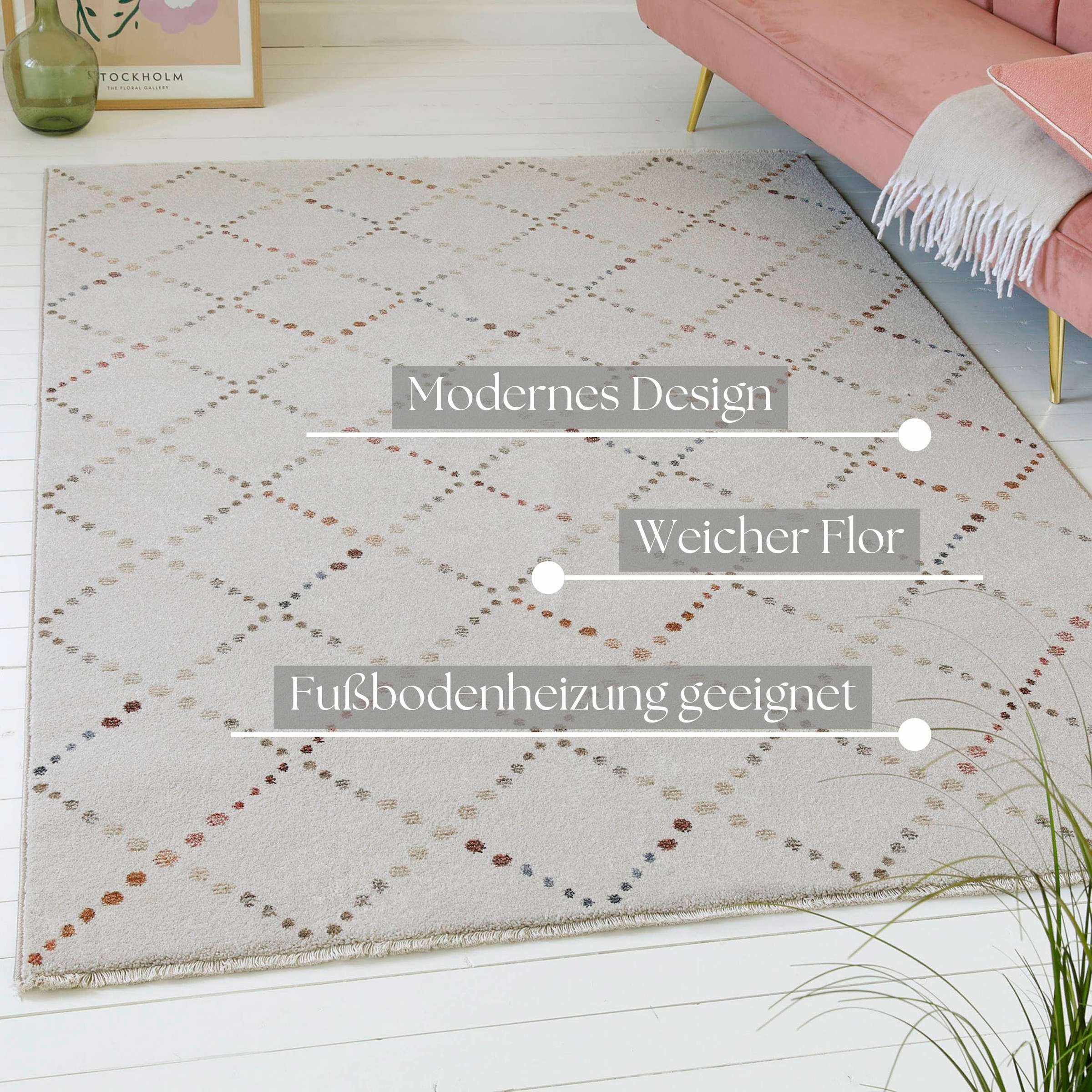 my home Teppich »Thoren«, rechteckig, 12 mm Höhe, weicher Kurzflor, Rautenmuster mit Fransen, Wohnzimmer, Schlafzimmer