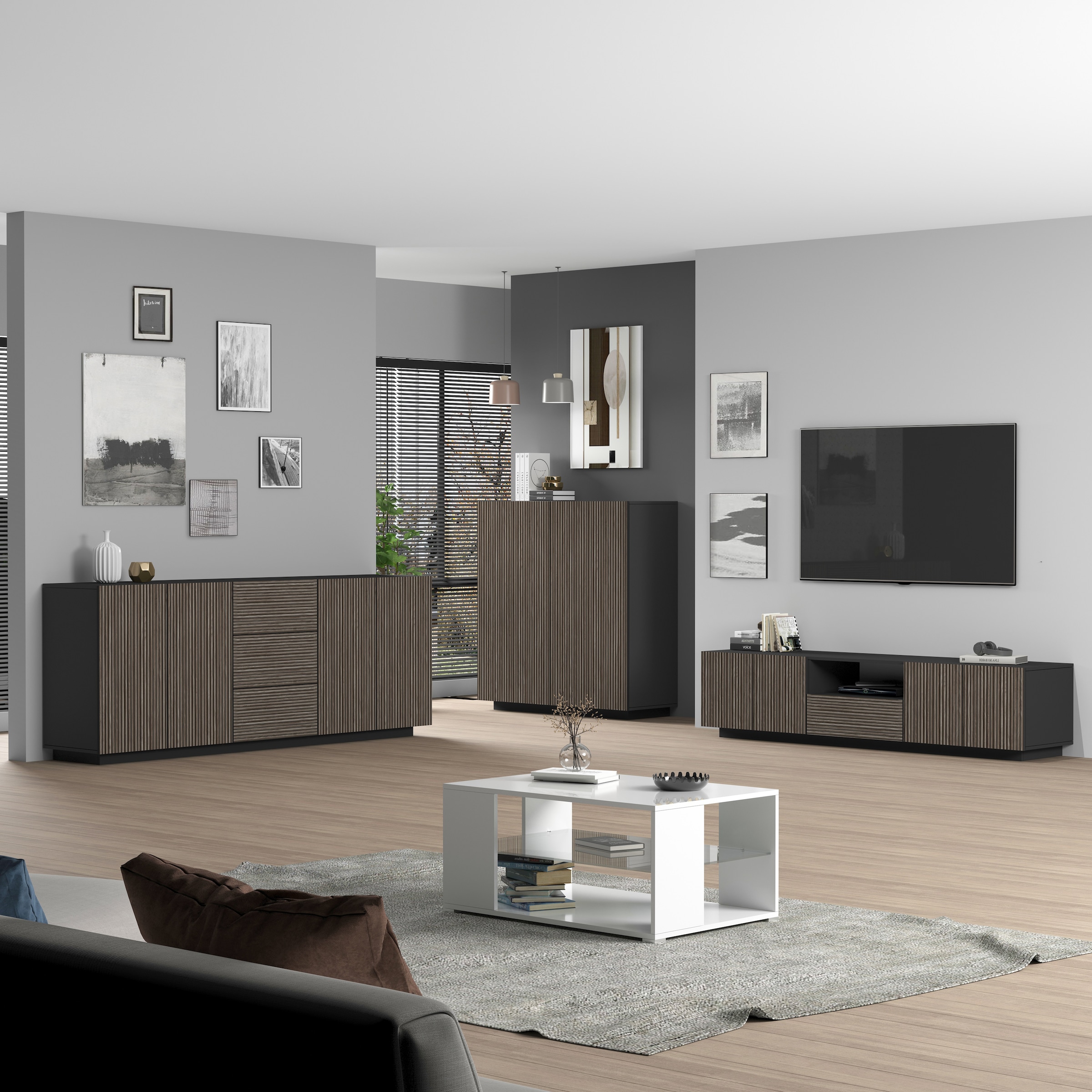 INOSIGN Lowboard »Vega,Lowboard,TV Board,TV Schrank,220 cm«, mit 4 Türen und 1 Schublade,Fronten mit Rillen-Optik