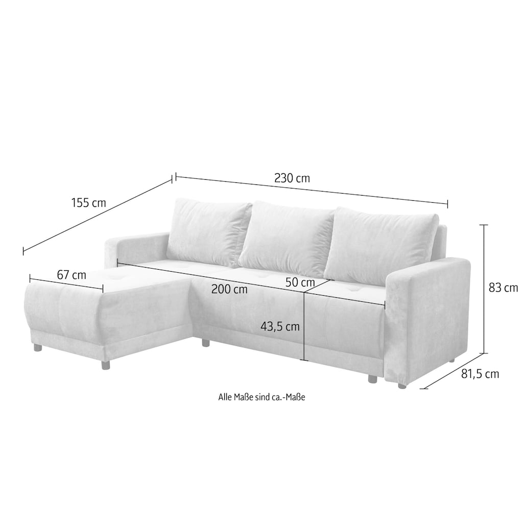 INOSIGN Ecksofa »Navarra, Schlafsofa, 230cm, m. Bettfunktion (115/200cm) und Bettkasten«