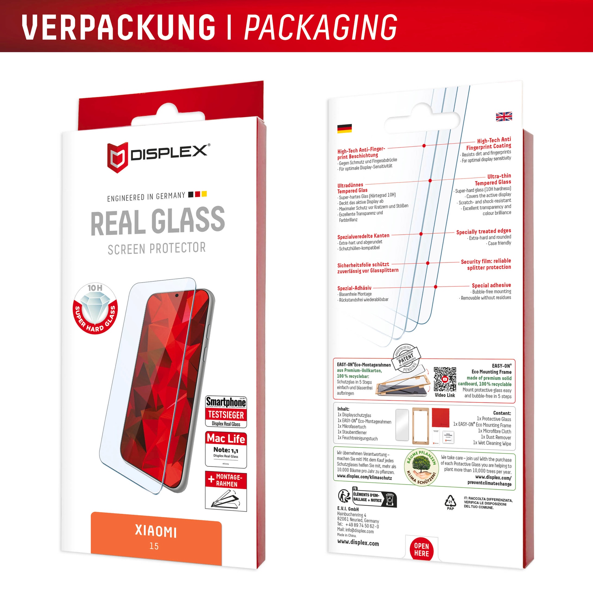 Displex Displayschutzglas »Real Glass Screen Protector«, für Xiaomi 15, Displayschutzfolie, Schutzfolie, Bildschirmschutz, kratz- & stoßfest