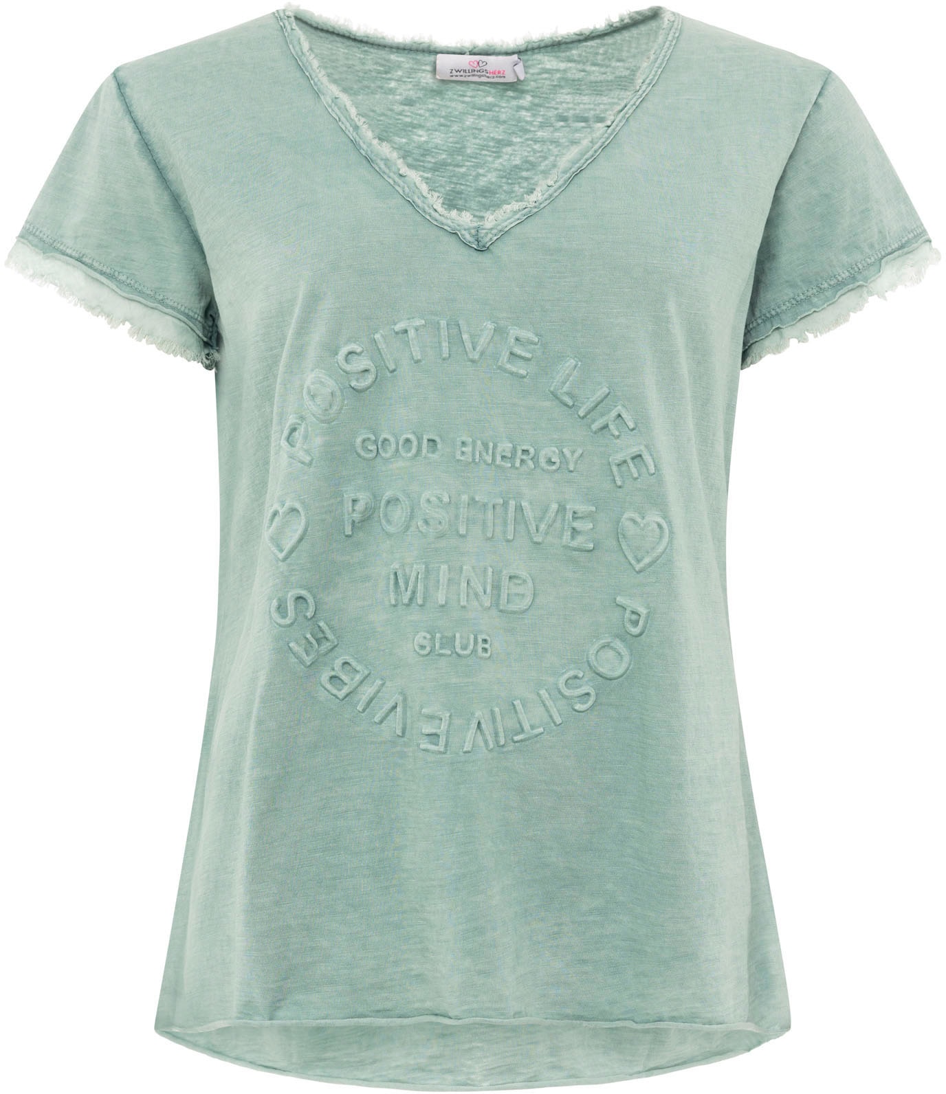 Zwillingsherz T-Shirt »"Positive Mind"«, mit V-Neck, Stempeldruck und Saum im Used-Look