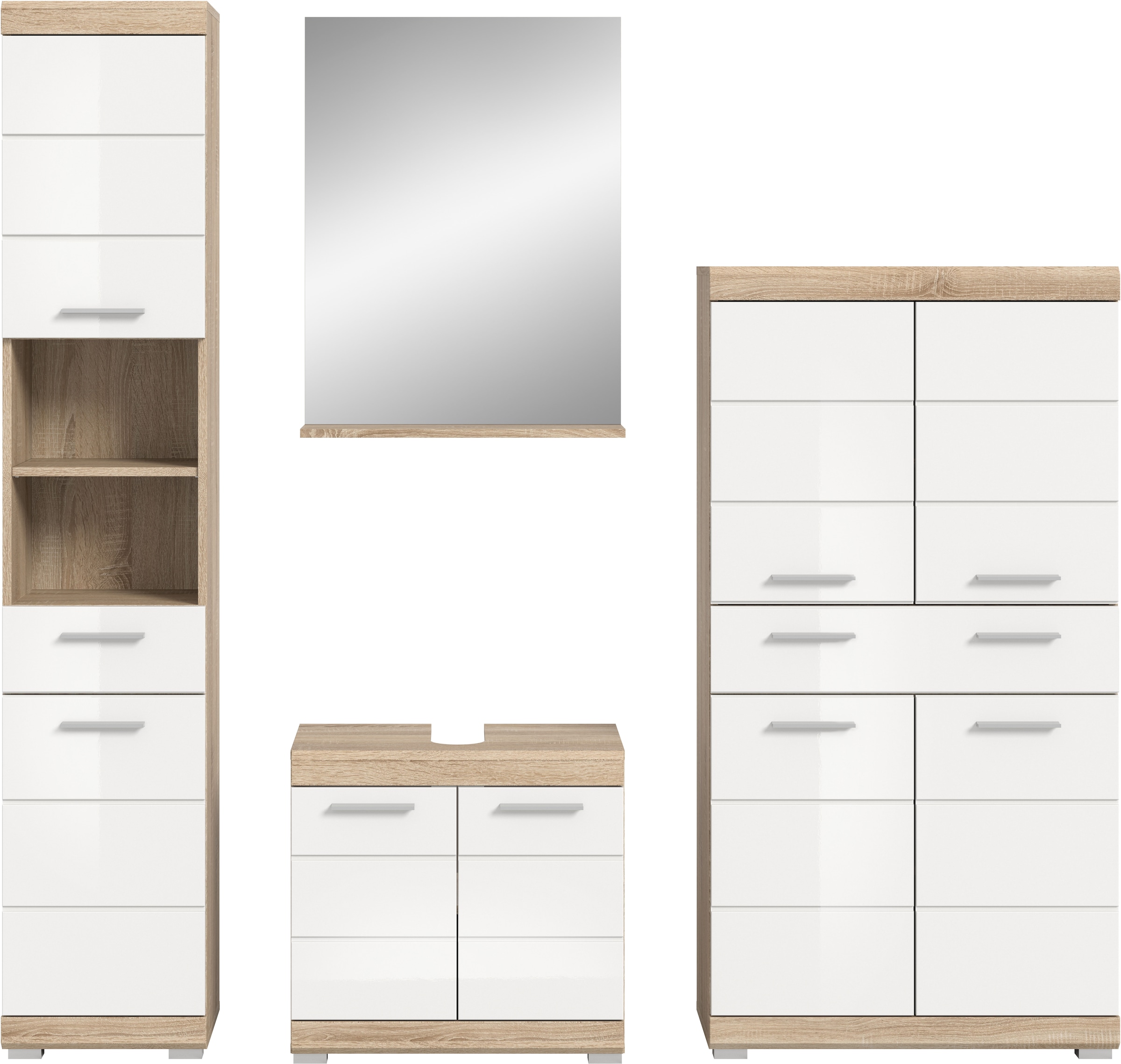 INOSIGN Badmöbel-Set »Siena, 4 teilig, bestehend aus:«, (Set), Hochschrank, Waschbeckenunterschrank, Badspiegel, Midischrank