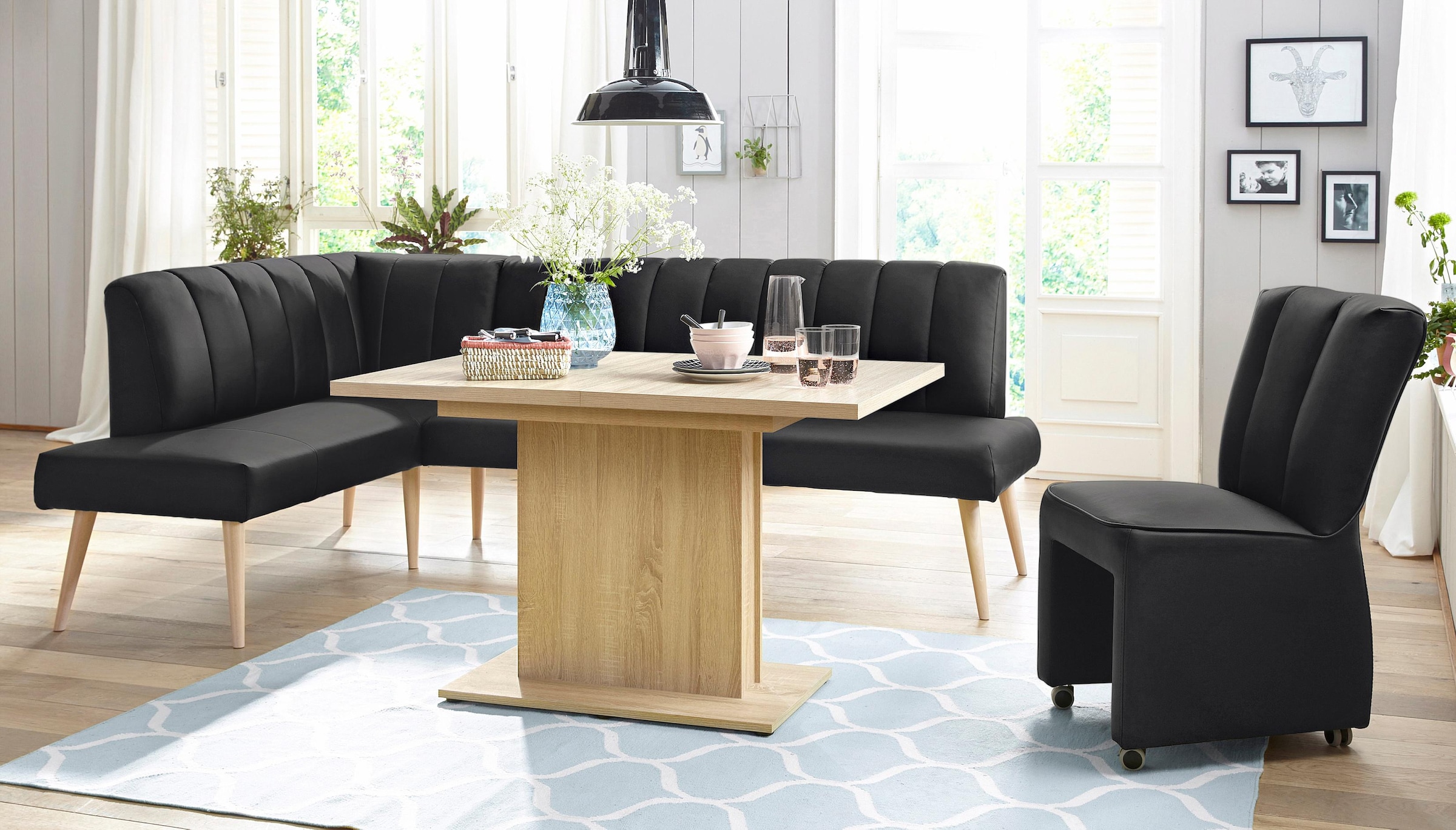 exxpo - sofa fashion Eckbank »Costa, moderne Rückensteppung, bequem und elegant, hoher Holzfuß«, hochwertig verarbeitet, Frei im Raum stellbar