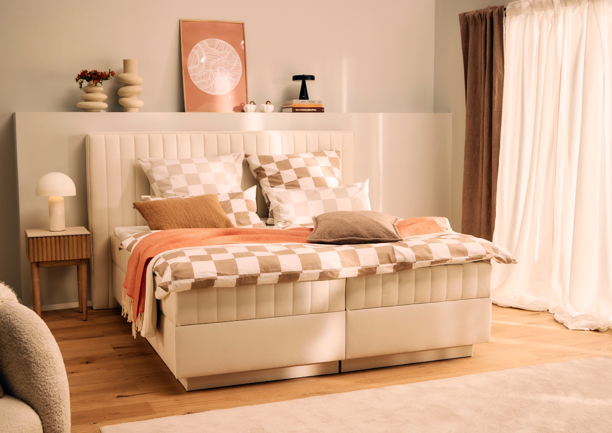 Boxbett HOMSY BY ANA JOHNSON "Moonio inkl. Bettkasten", beige, B:187cm L:214cm, Komplettbetten, erhältlich in verschiedenen Breiten und Härtegraden