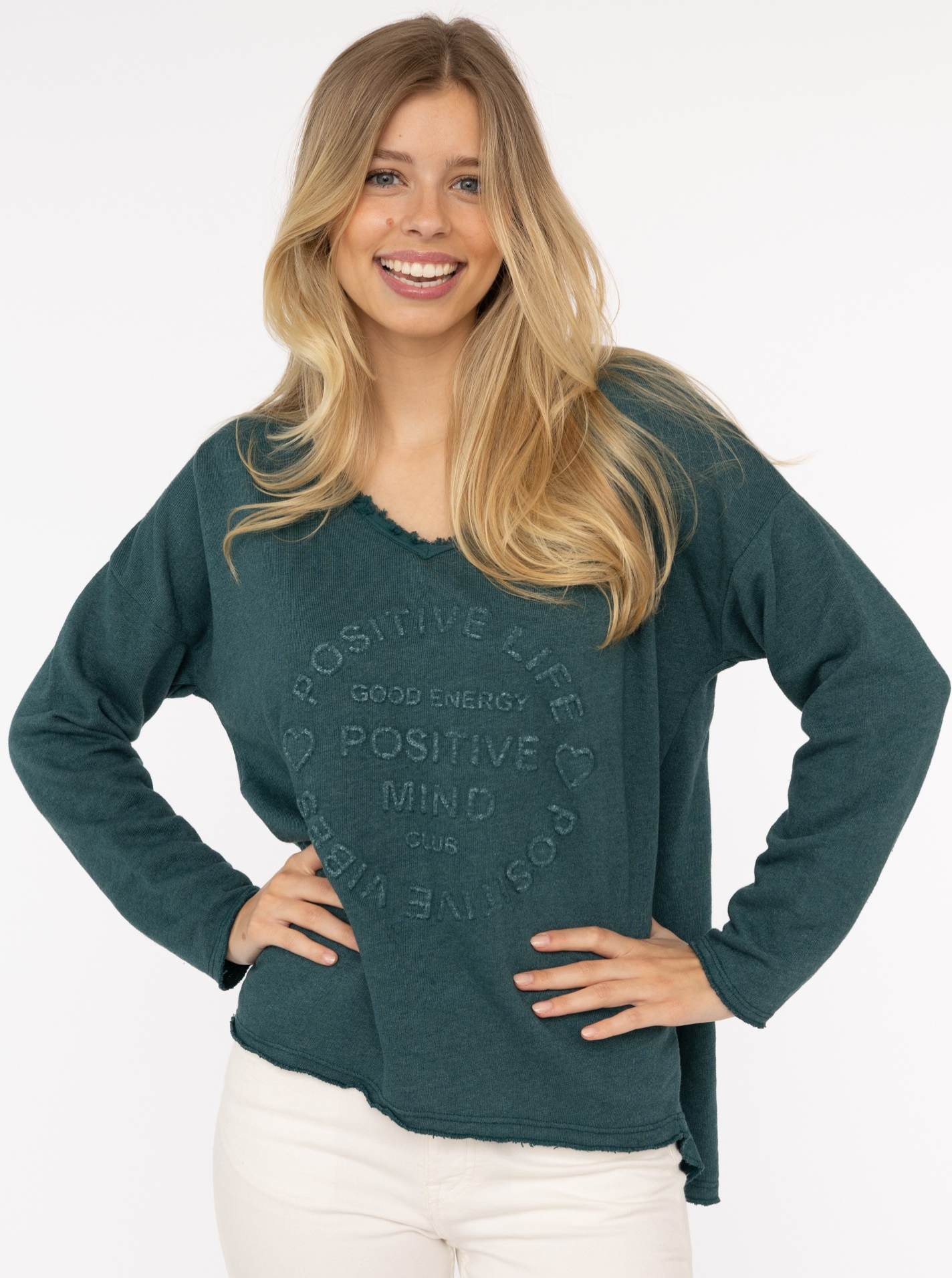 Zwillingsherz Sweatshirt "Positive Mind" ausgefranster V-Ausschnitt, günstig online kaufen