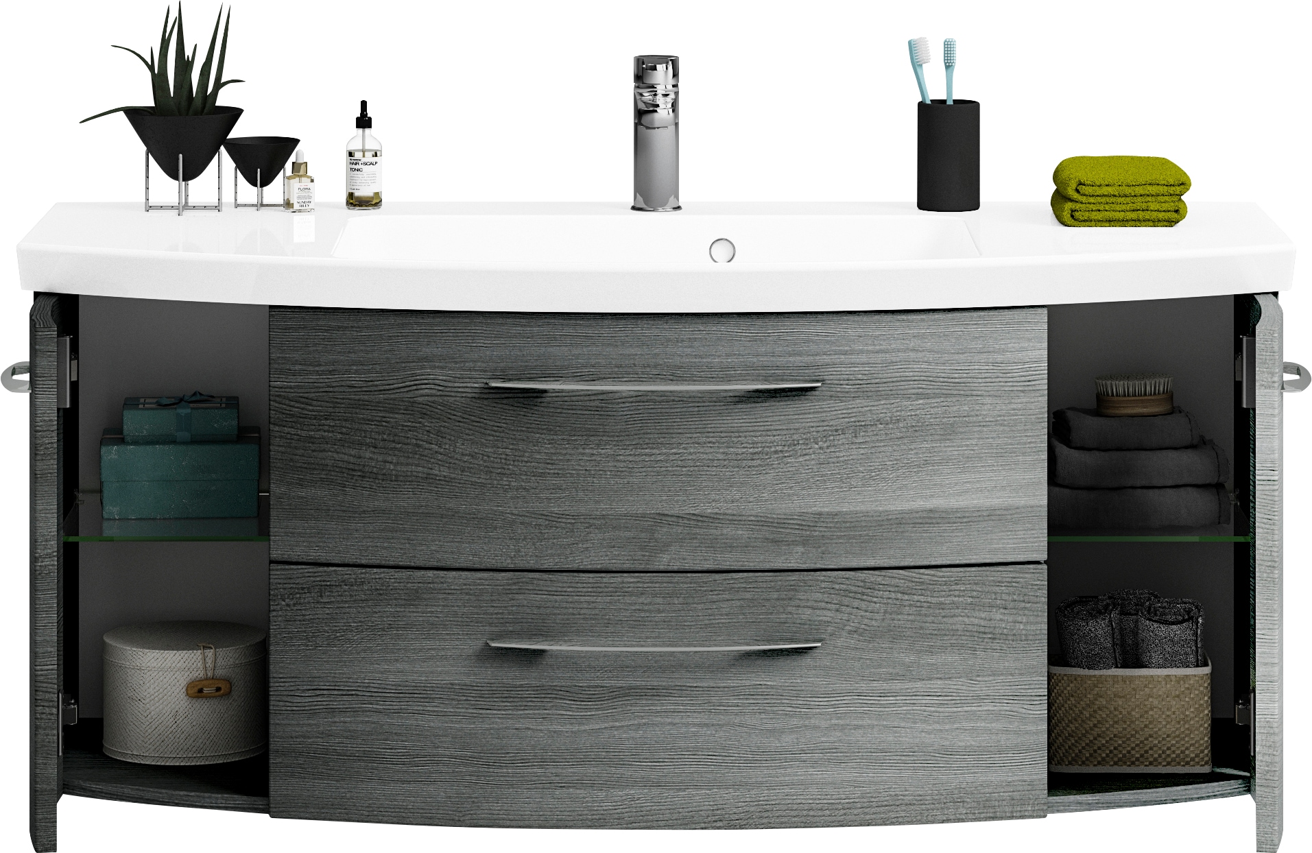 Saphir Badmöbel-Set »Cassca Sprint Waschtisch-Set Mineralmarmor-Waschtisch mit Unterschrank«, (1 St.), Waschplatz mit 2 Türen, 2 Schubladen, inkl. Türdämpfer, Badschrank