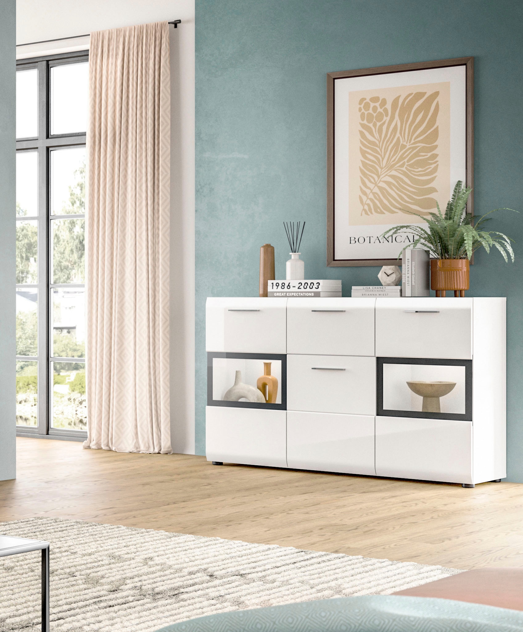INOSIGN Sideboard "FLORENZ, hochwertige MDF-Front,Rillenfräsung,2 Glastüren günstig online kaufen