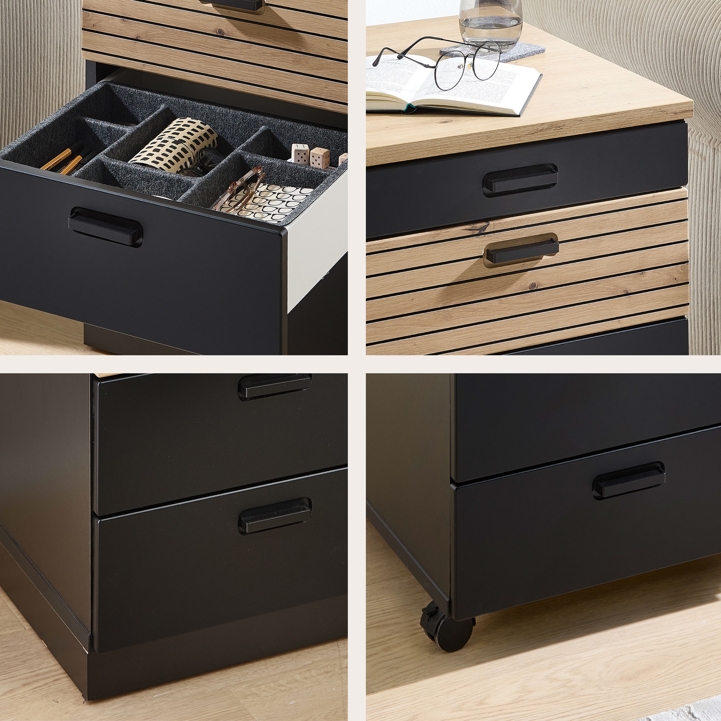 Innostyle Rollcontainer »Nachtkommode Glenn, 45 x 66 x 55 cm (B/H/T)«, (1 St.), inkl. Filzeinlage, 4 Rollen (2 mit Bremsen) oder Sockel, SK Soft-Close